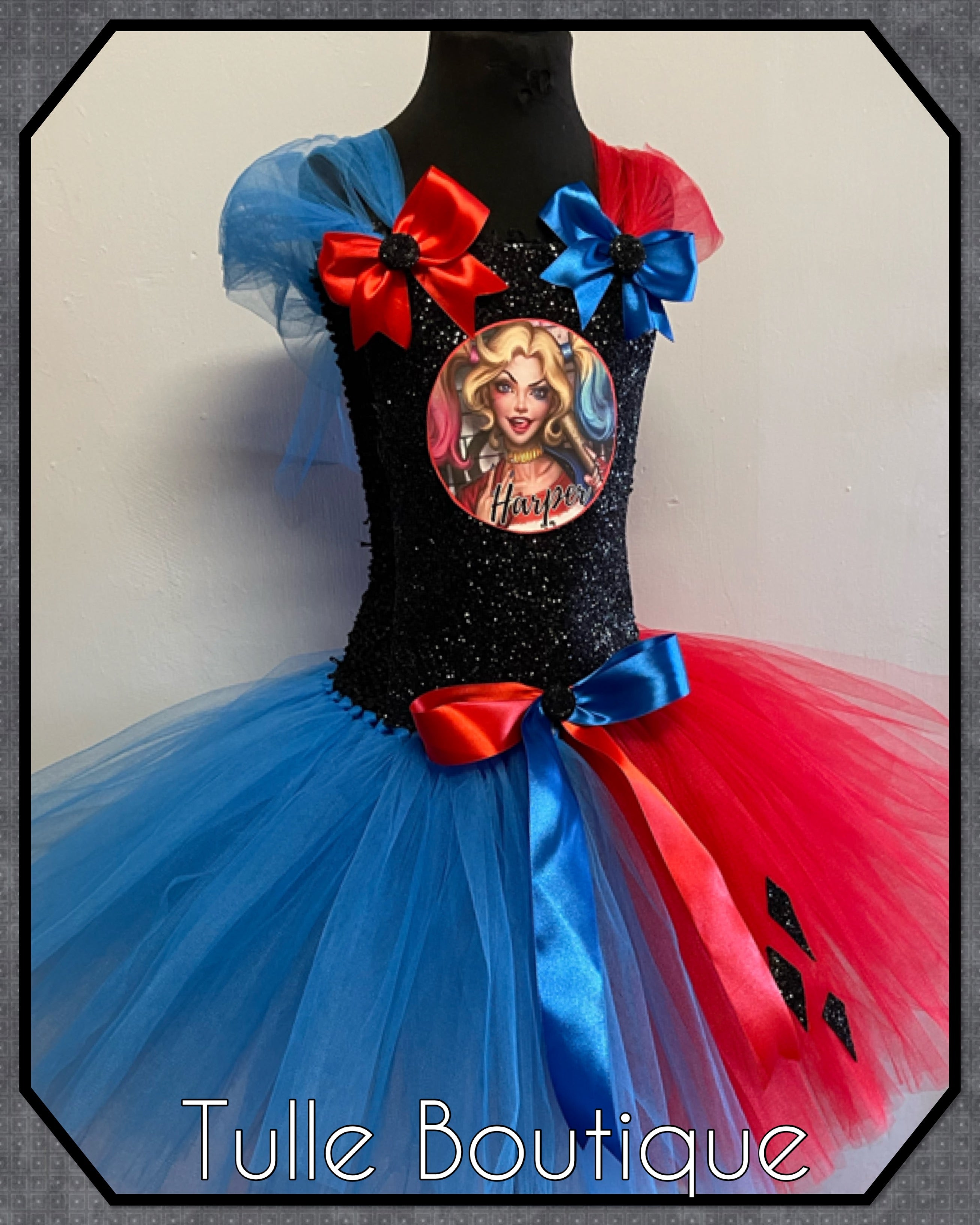 Girls toddlers Superhero Harley Quinn  tutu dress, ballgown, fancy dress costume