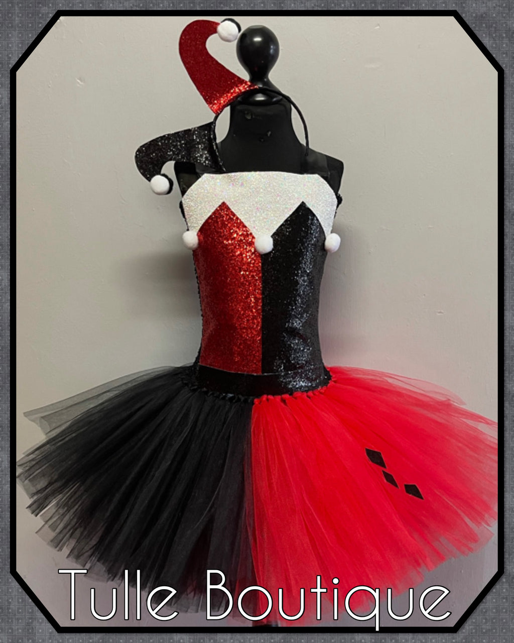 Girls toddlers Jester clown tutu dress, ballgown,Harley Quinn fancy dress costume