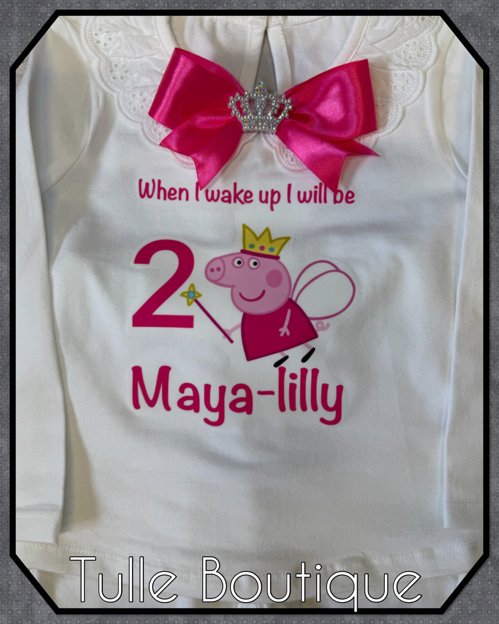 Girls toddlers Peppa pig hotpink bow ‘when I wake up’ birthday personalised pjs