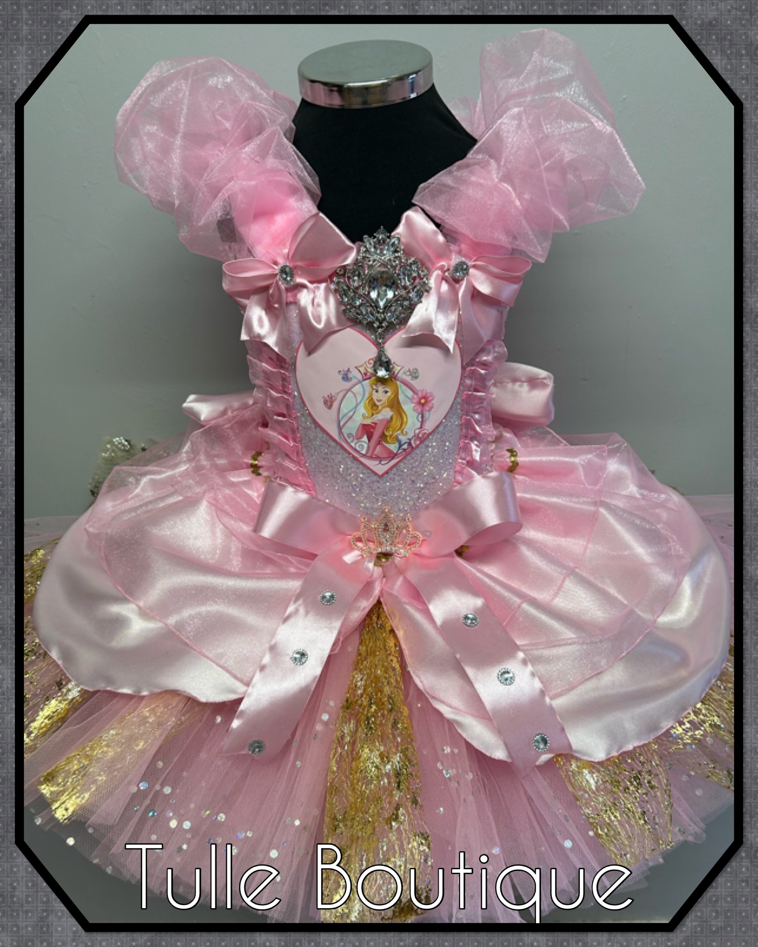 Girls toddlers Princess Aurora sleeping beauty tutu birthday party dress,ballgown, pink and gold fancy dress costume