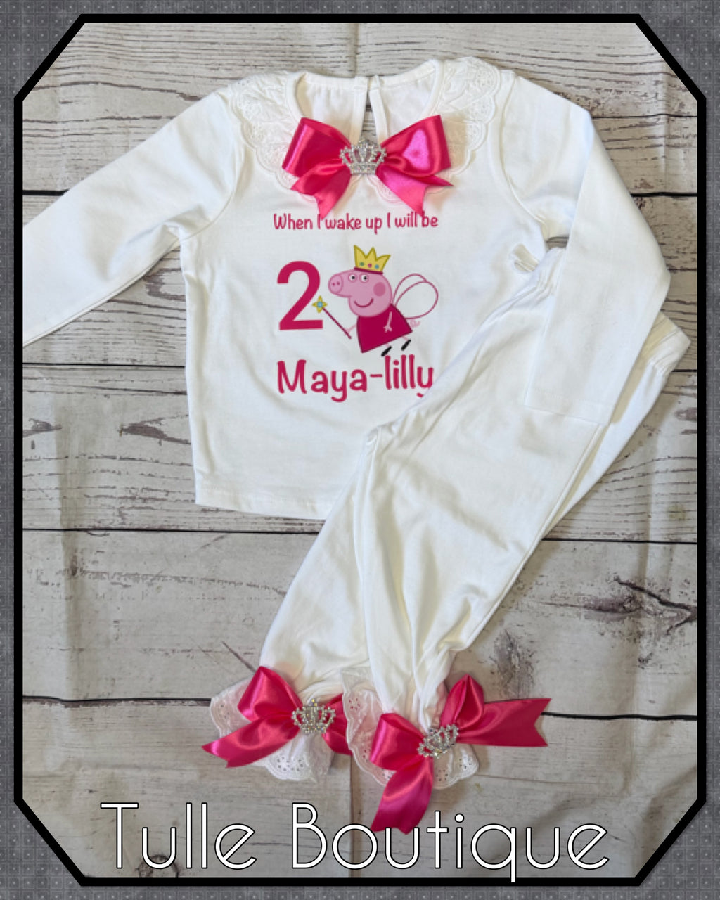 Girls toddlers Peppa pig hotpink bow ‘when I wake up’ birthday personalised pjs