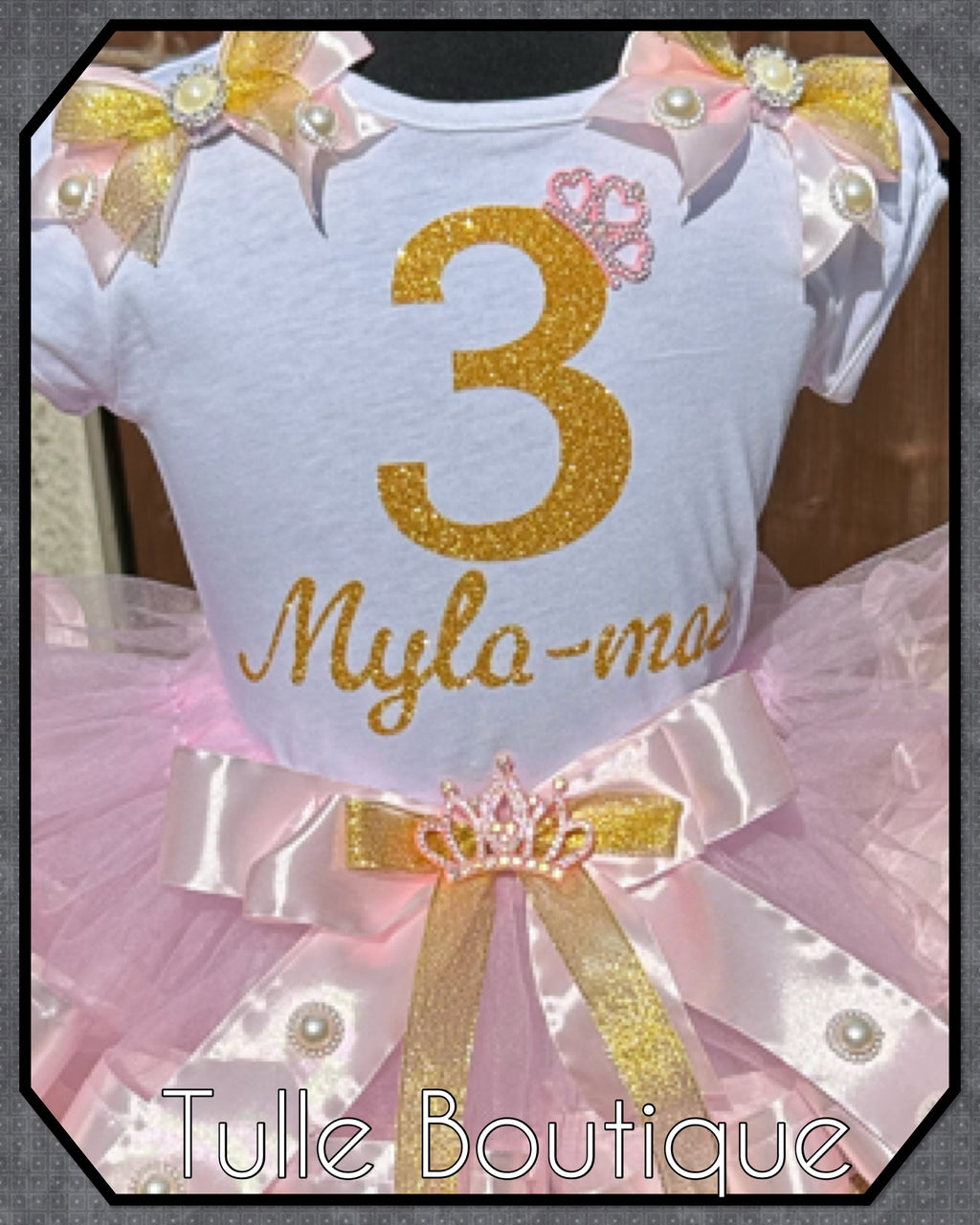 Girls toddlers personalized Glitter birthday ribbon trimmed tutu party outfit fancy dress costume