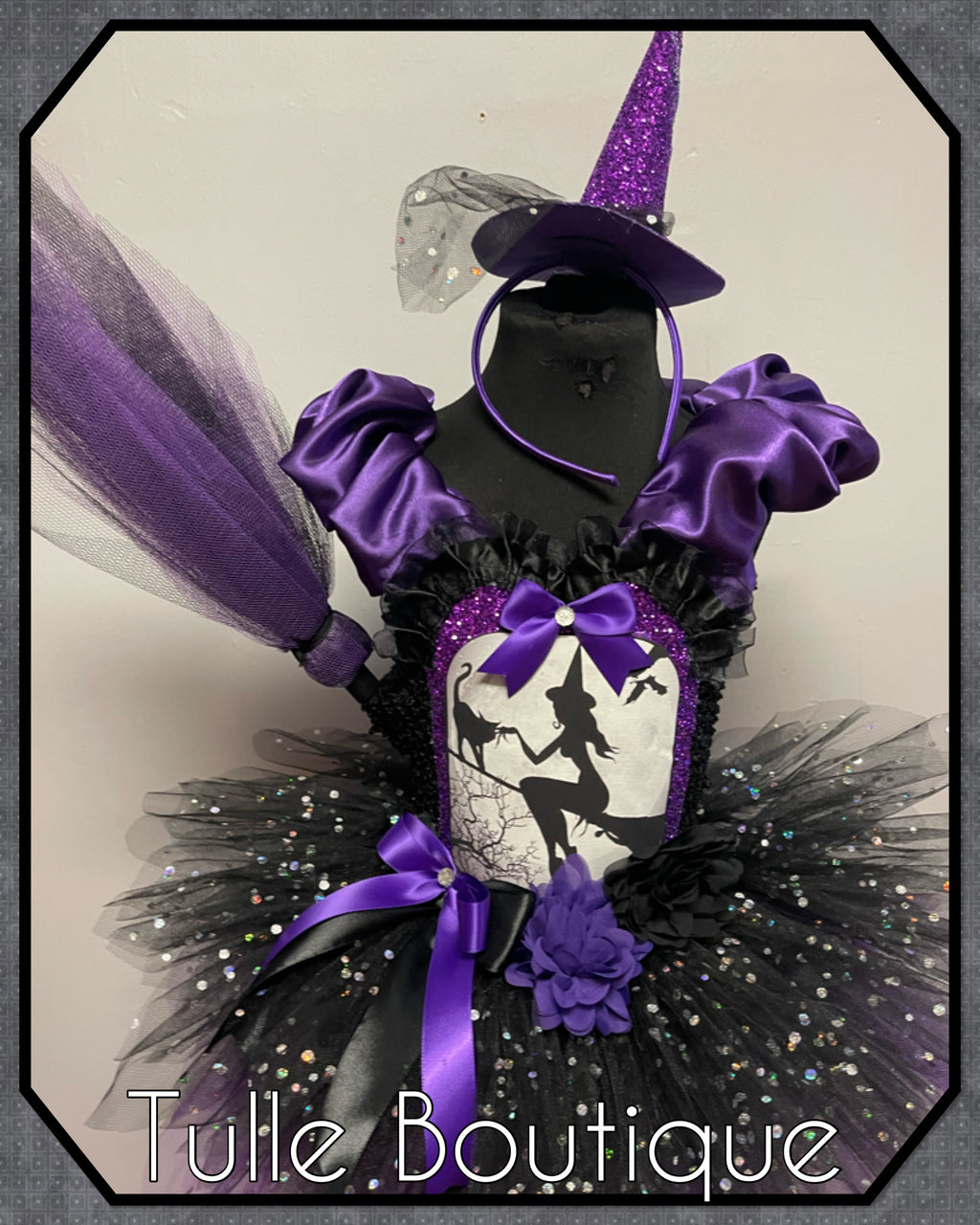 Girls toddlers Halloween witch on a broom tutu dress, ballgown, fancy dress costume