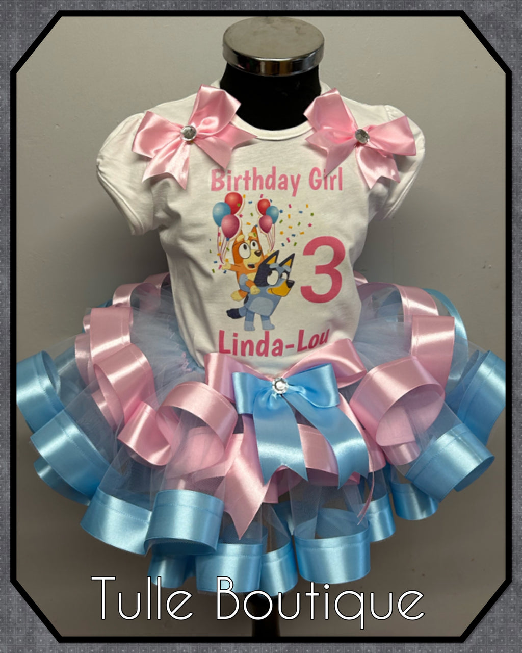 Girls toddlers Pink and Blue Bluey birthday tutu outfit fancy dress costume