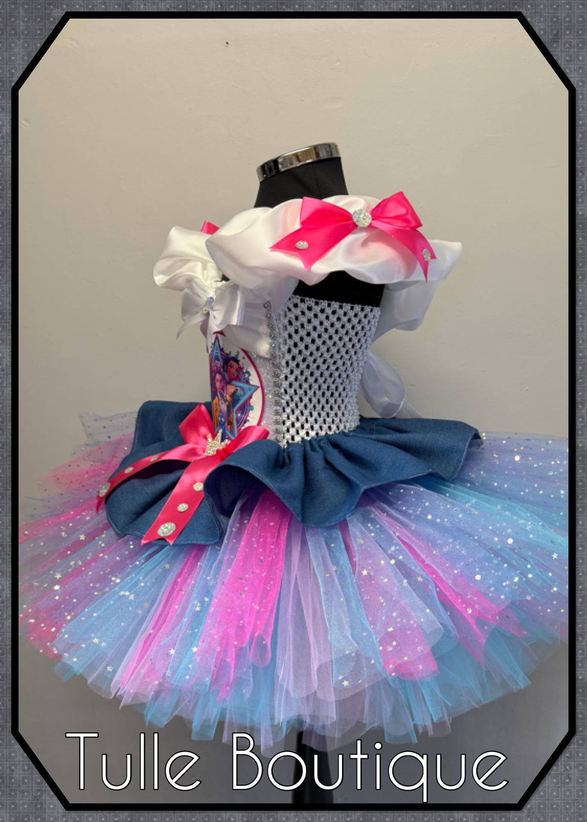 Girls toddlers Rumi Mira Zoe tutu dress, birthday ballgown, fancy dress costume denim overlayer