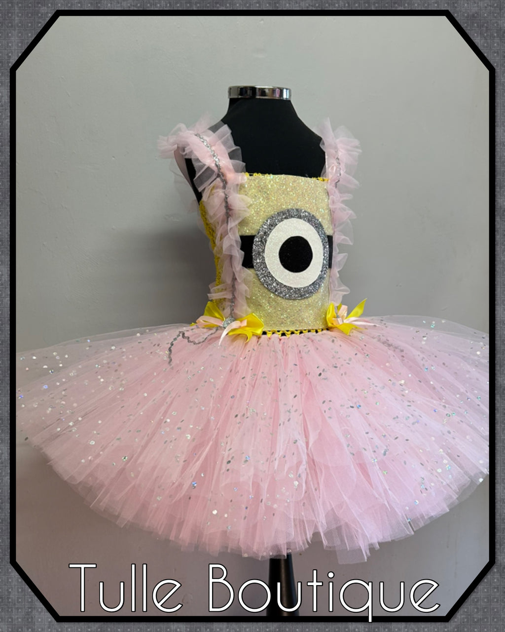Girls toddlers pink and yellow minion tutu dress, book day fancy dress Halloween costume