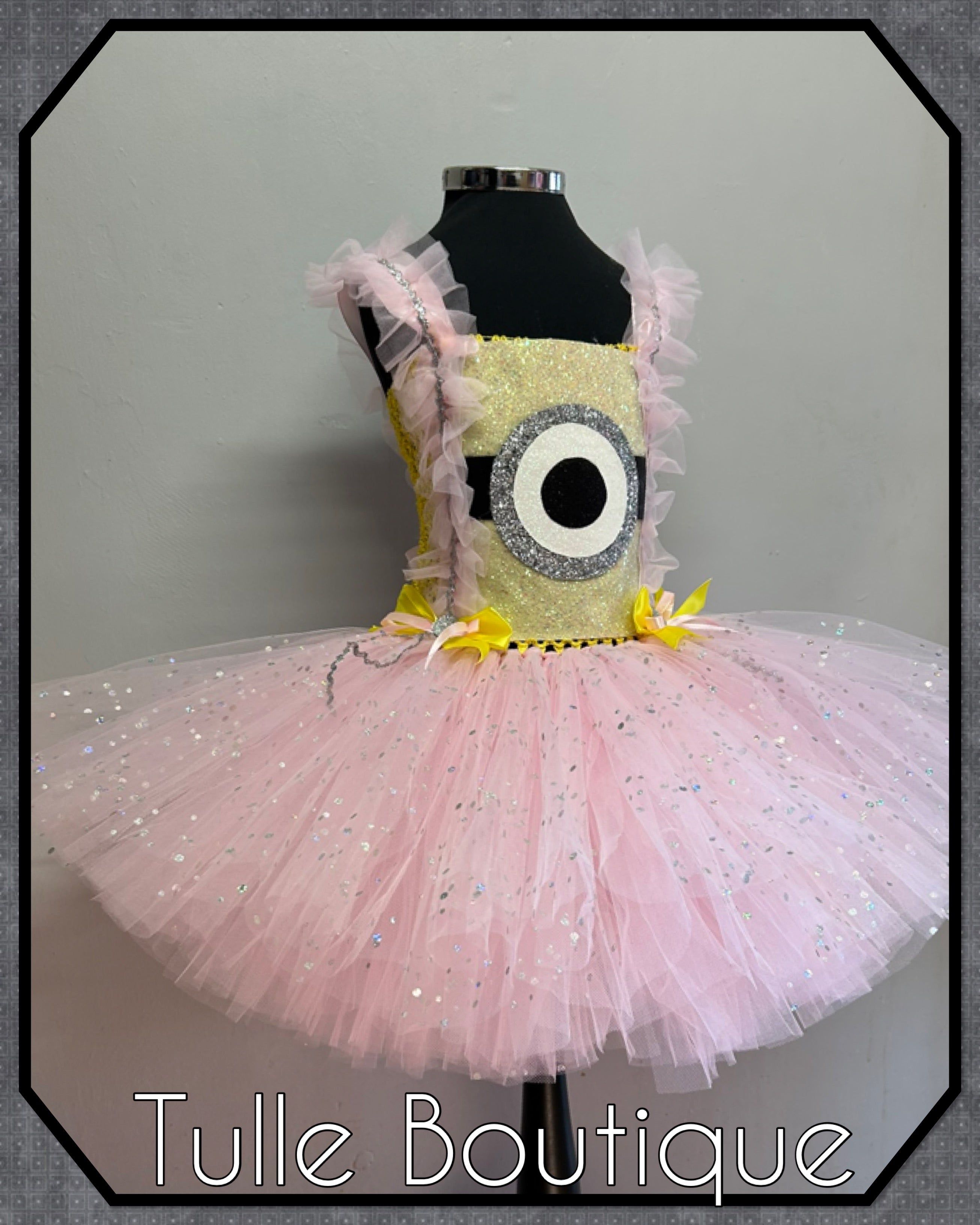 Girls toddlers pink and yellow minion tutu dress, book day fancy dress Halloween costume