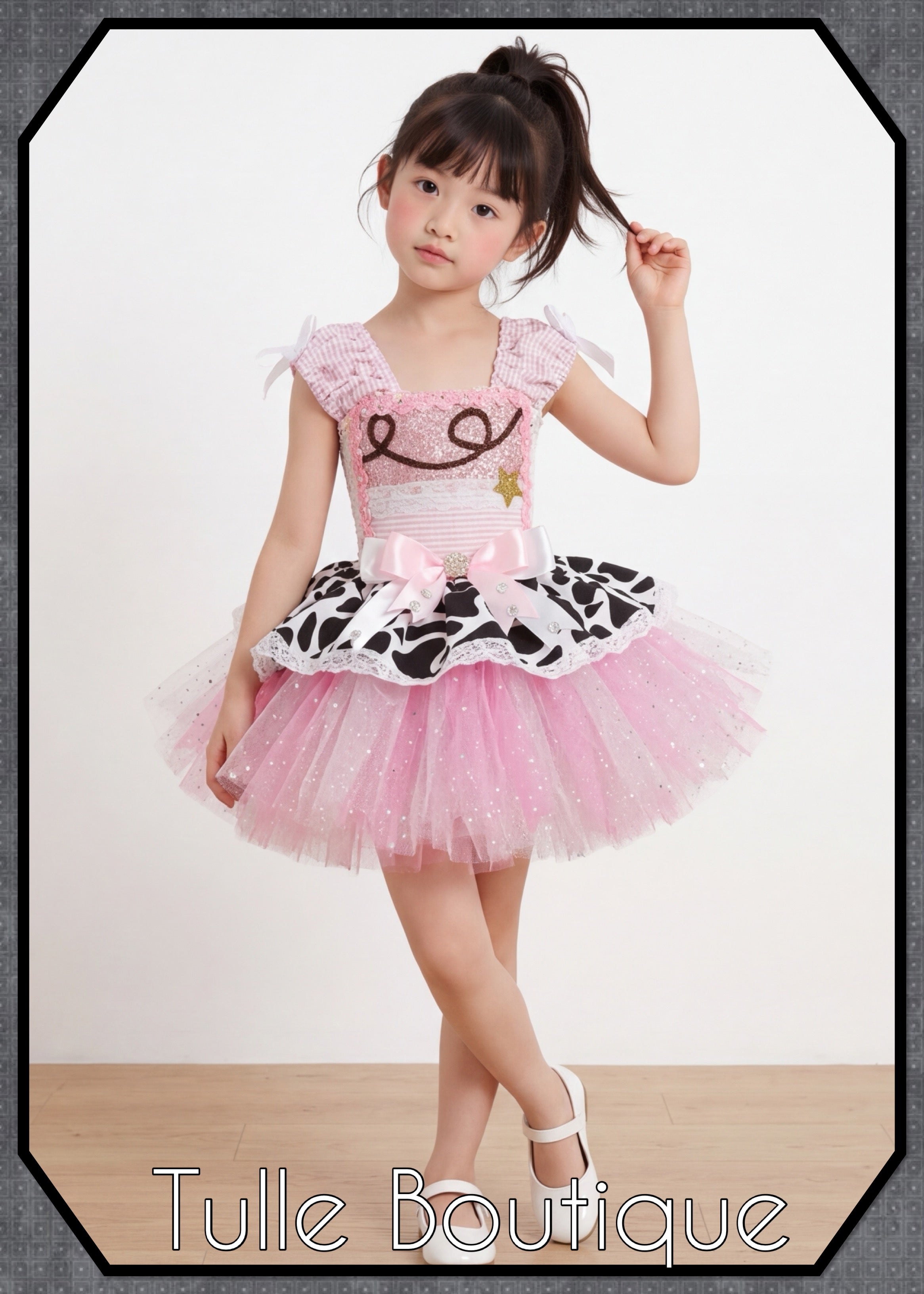 Girls toddlers baby pink and white cowgirl tutu dress, ballgown, fancy dress costume.