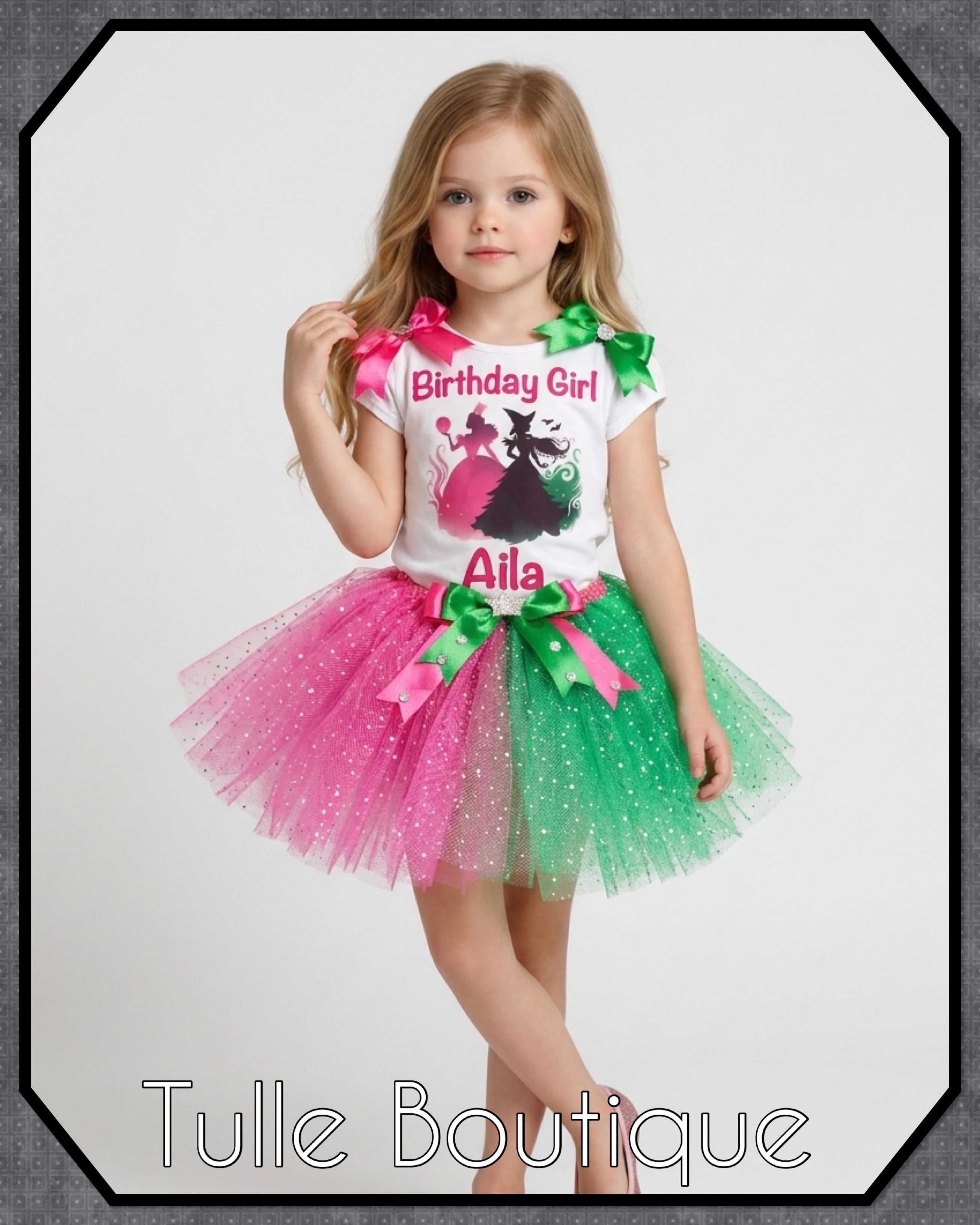 Girls toddlers wicked birthday tshirt and tutu outfit Glinda Elphaba fancy dress costume