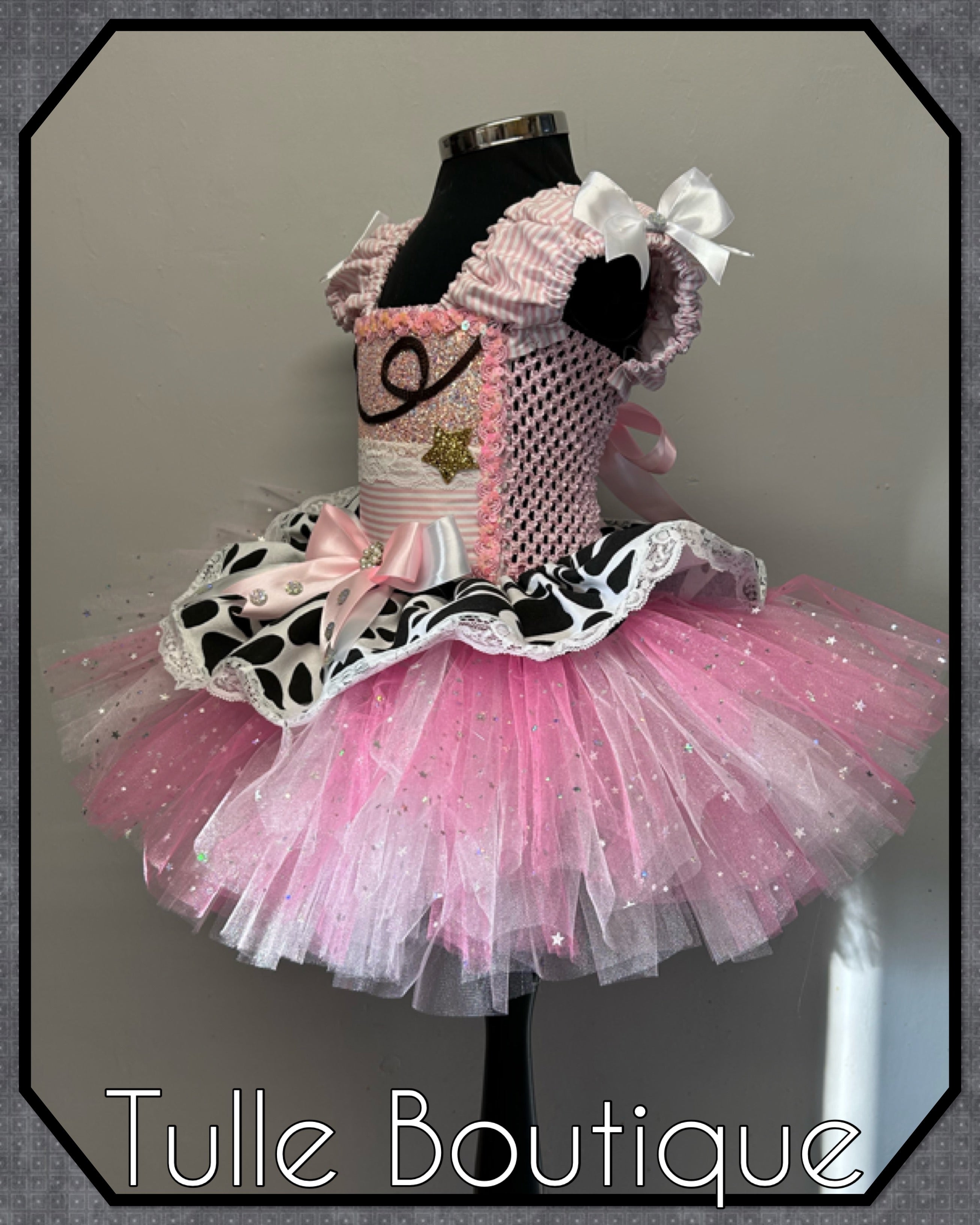 Girls toddlers baby pink and white cowgirl tutu dress, ballgown, fancy dress costume.
