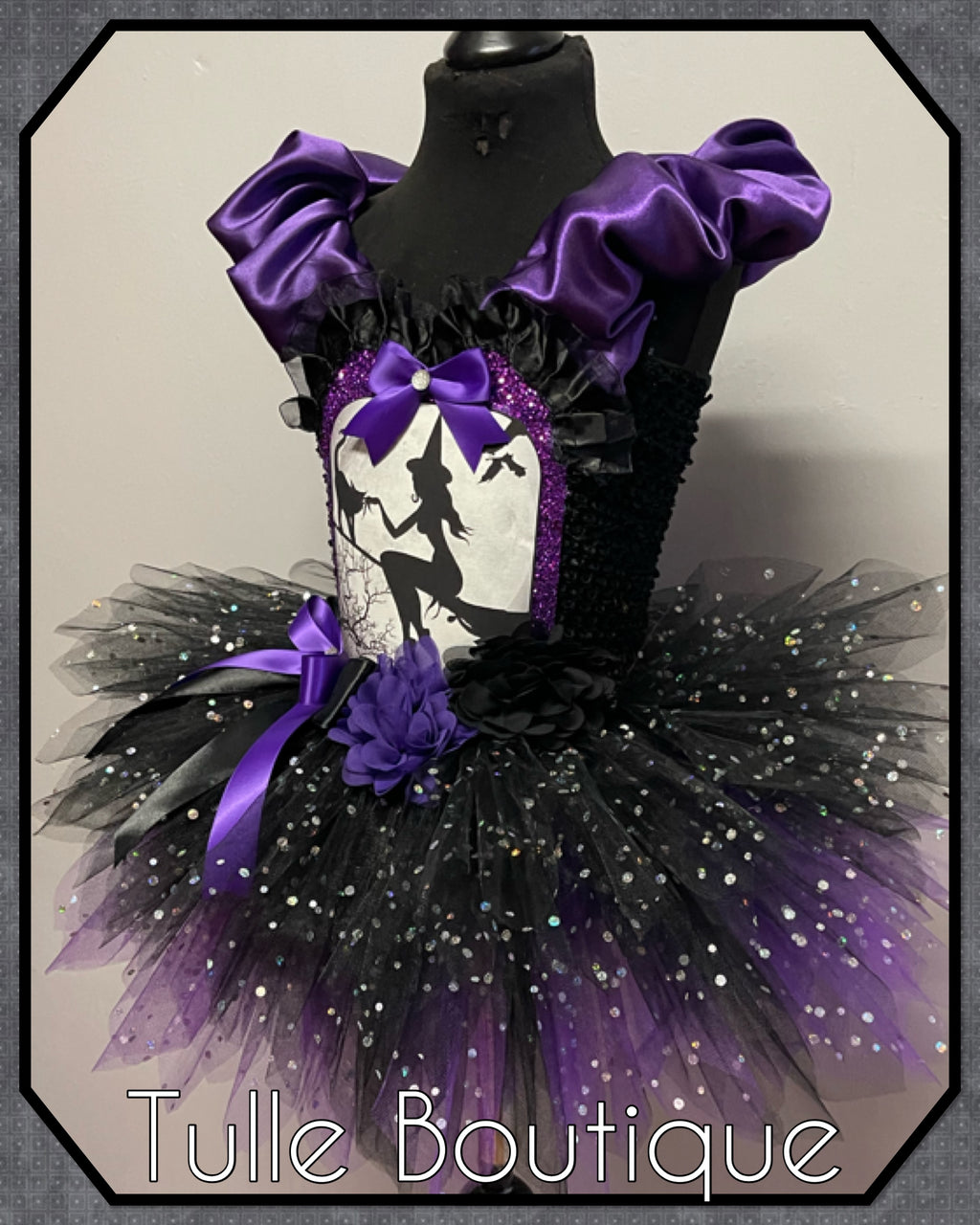 Girls toddlers Halloween witch on a broom tutu dress, ballgown, fancy dress costume