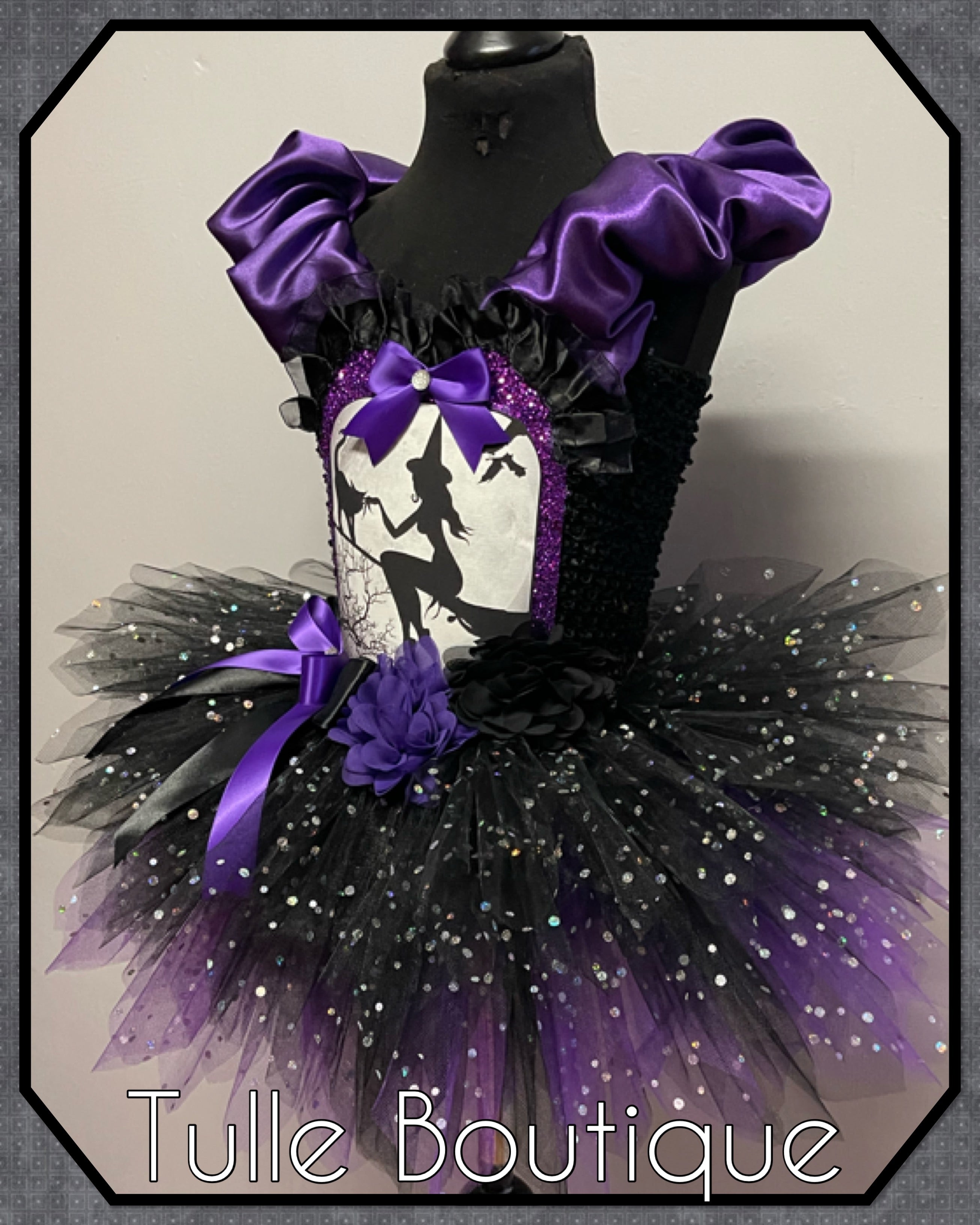 Girls toddlers Halloween witch on a broom tutu dress, ballgown, fancy dress costume
