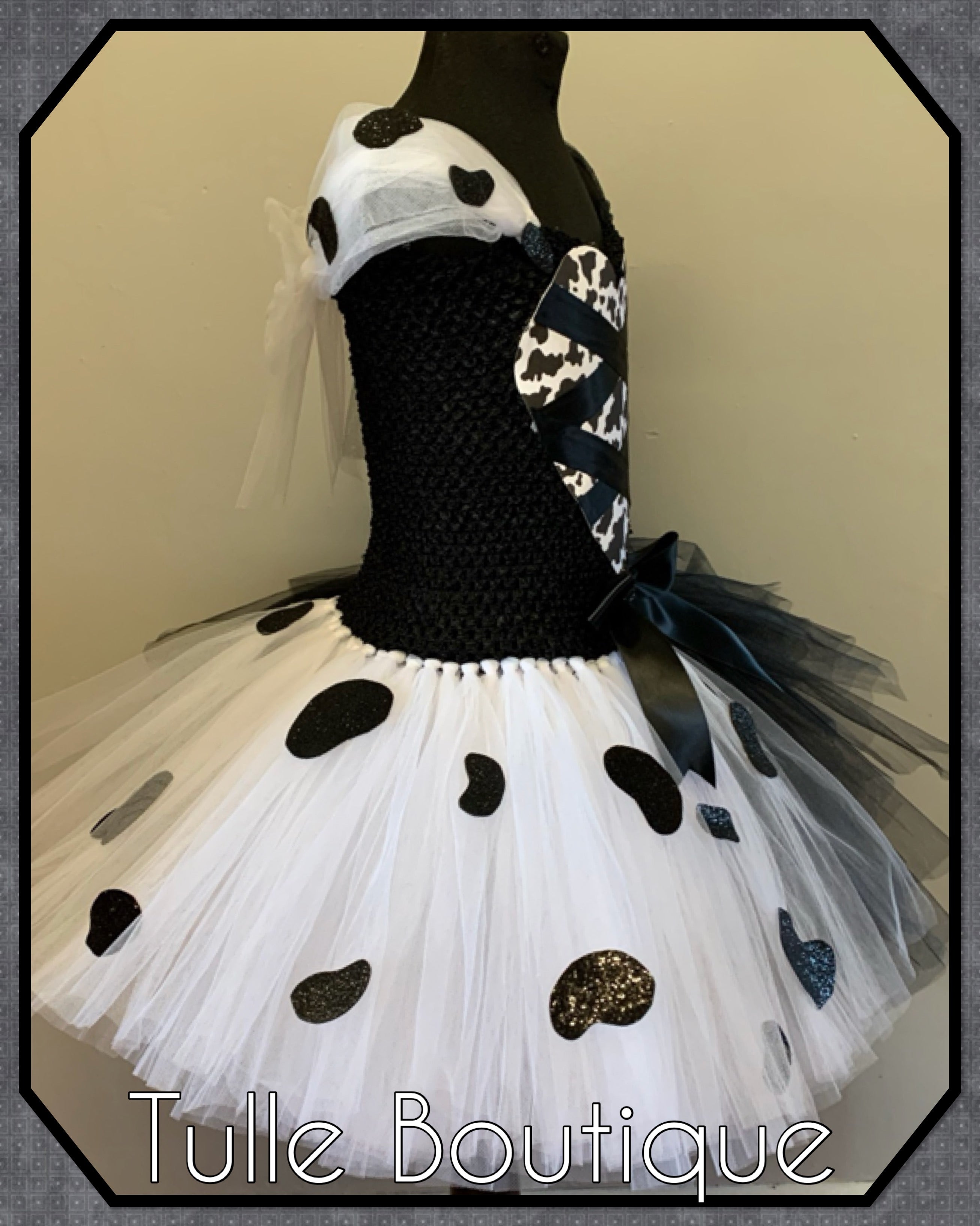 Girls toddlers Cruella de Ville tutu dress, ballgown, 101 Dalmatians fancy dress costume black and white