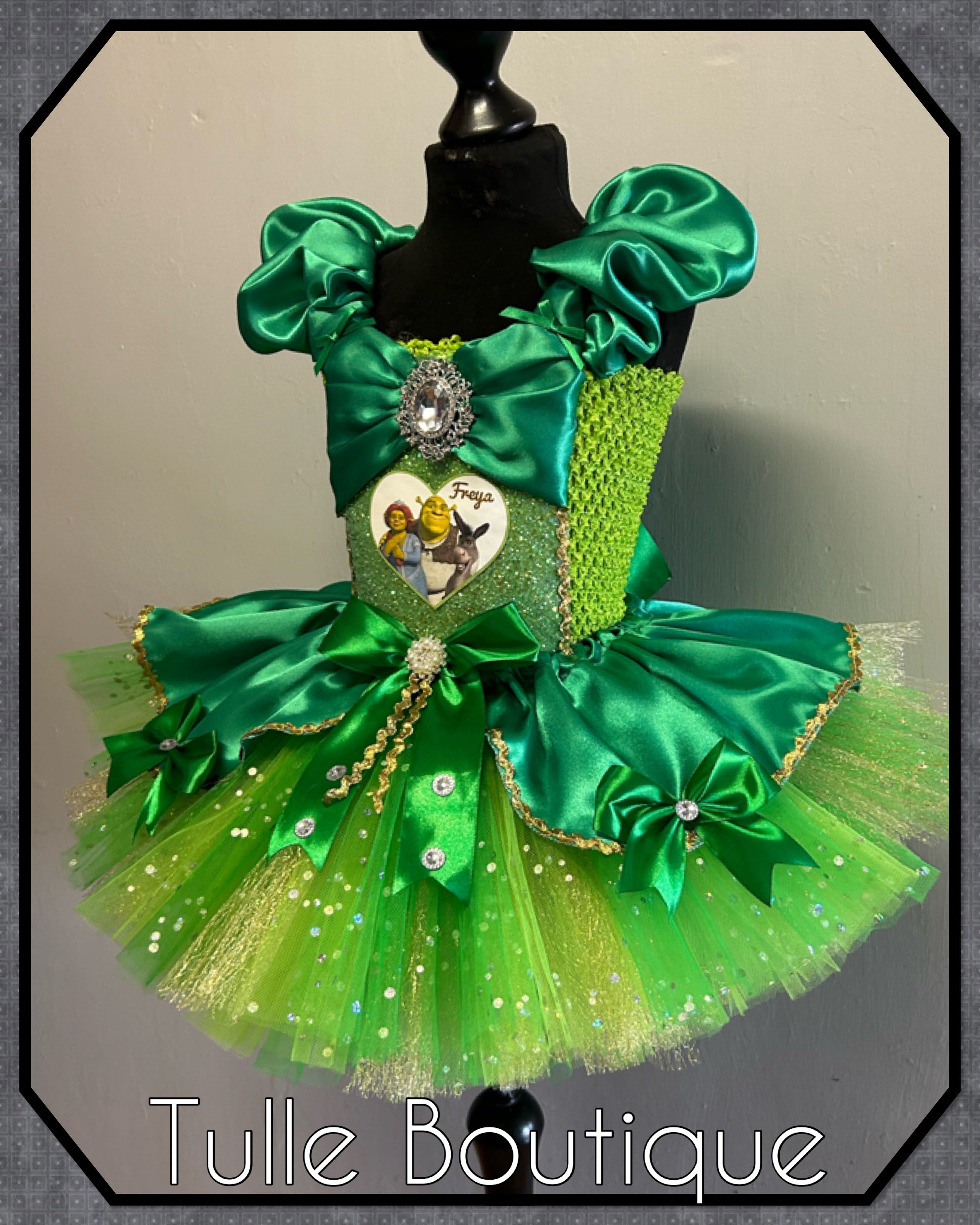Girls toddlers Shrek, Princess Fiona green satin tutu dress, frozen ballgown, fancy dress costume