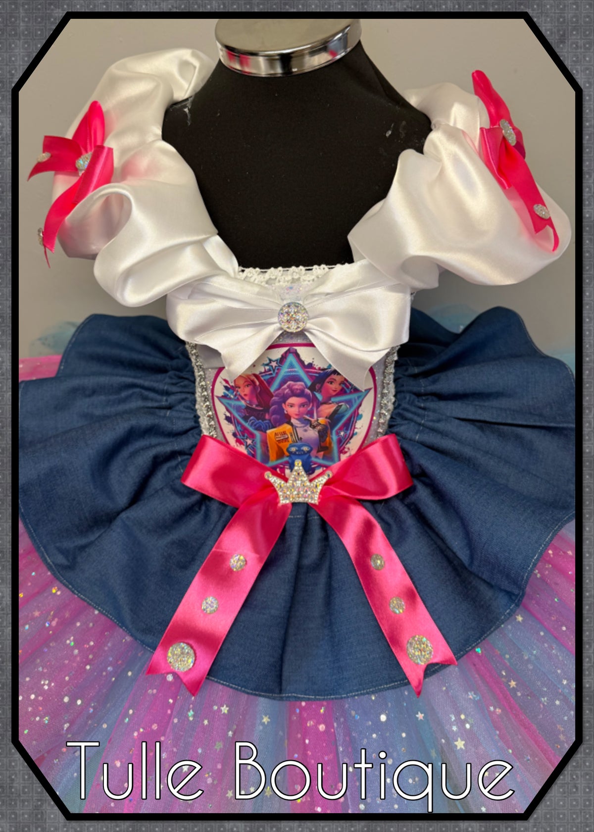 Girls toddlers Rumi Mira Zoe tutu dress, birthday ballgown, fancy dress costume denim overlayer