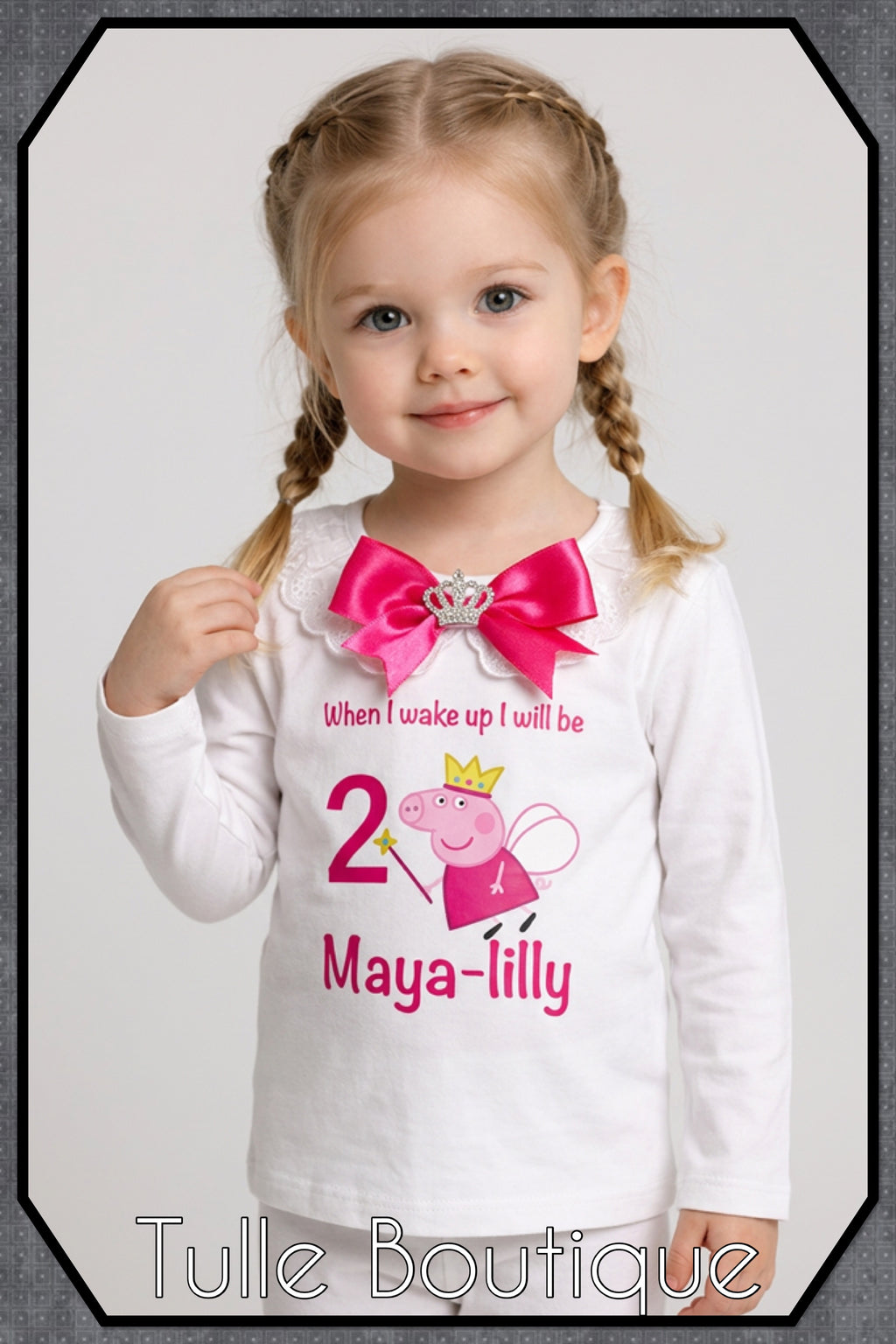 Girls toddlers Peppa pig hotpink bow ‘when I wake up’ birthday personalised pjs