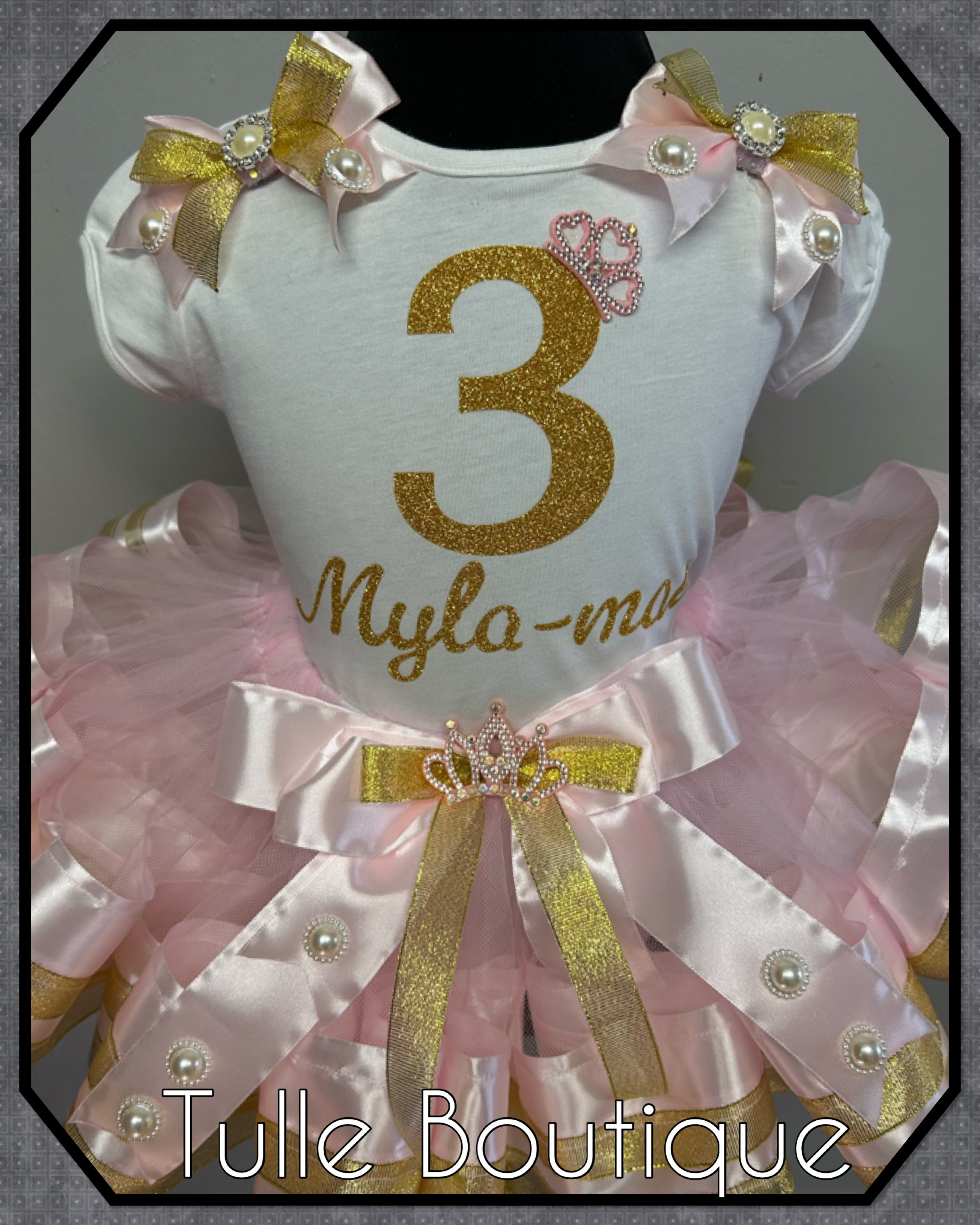 Girls toddlers personalized Glitter birthday ribbon trimmed tutu party outfit fancy dress costume