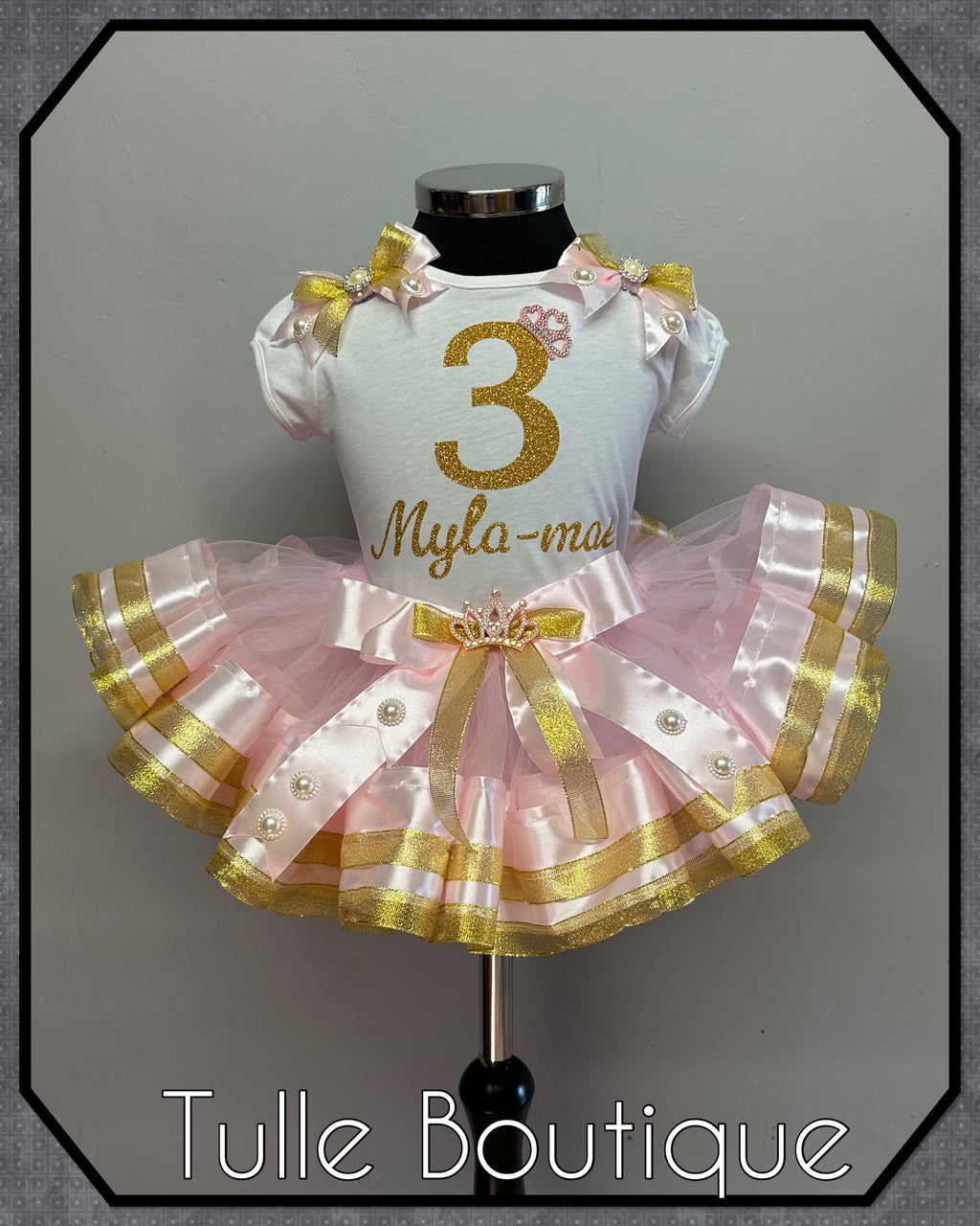 Girls toddlers personalized Glitter birthday ribbon trimmed tutu party outfit fancy dress costume