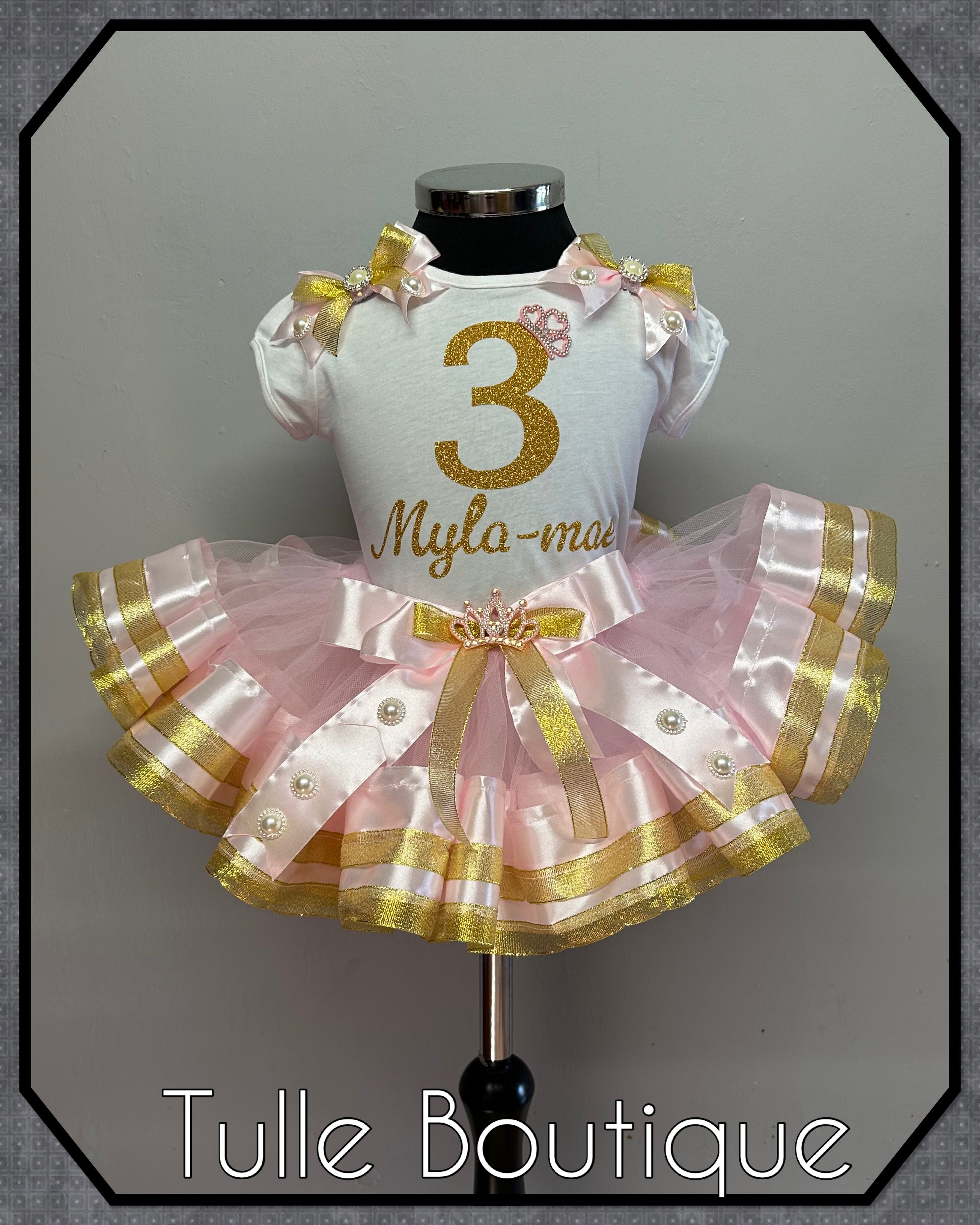 Girls toddlers personalized Glitter birthday ribbon trimmed tutu party outfit fancy dress costume