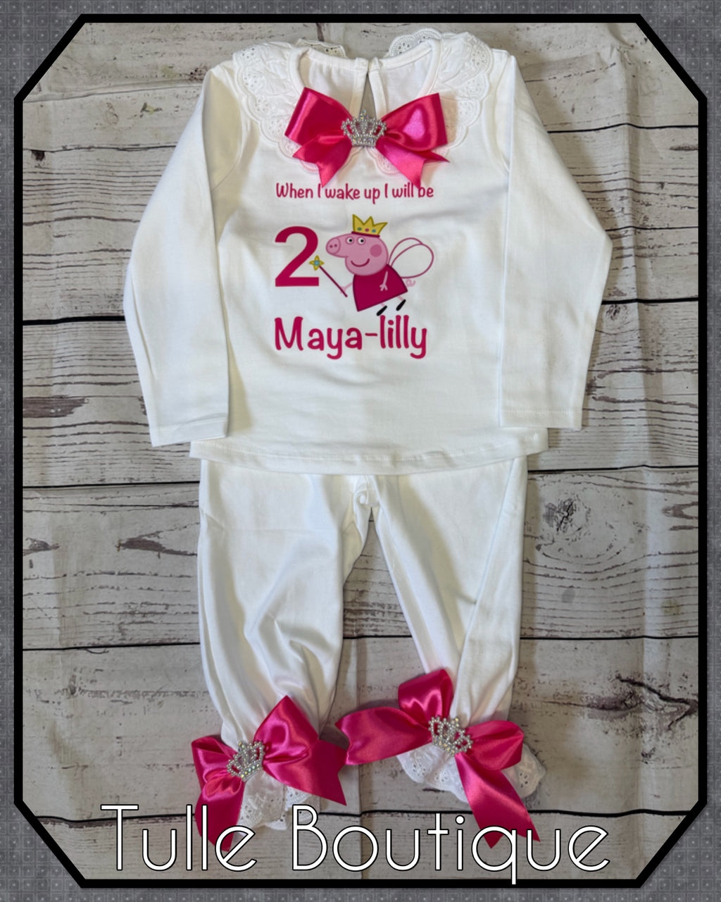 Girls toddlers Peppa pig hotpink bow ‘when I wake up’ birthday personalised pjs