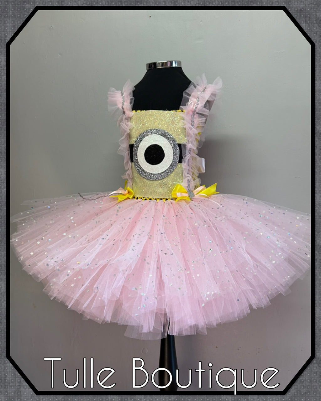 Girls toddlers pink and yellow minion tutu dress, book day fancy dress Halloween costume