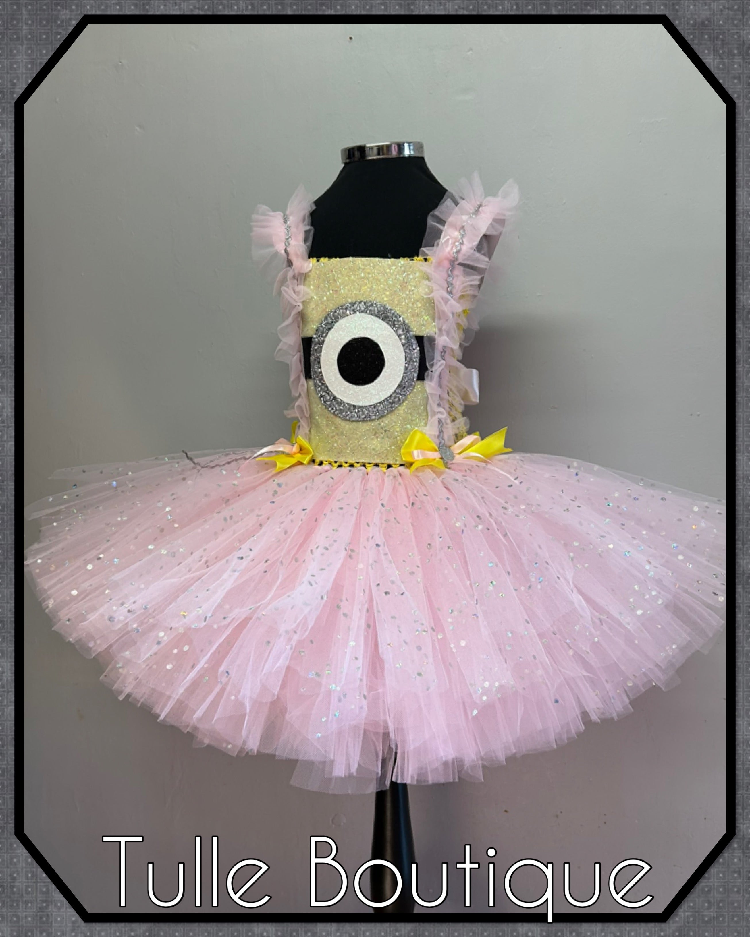 Girls toddlers pink and yellow minion tutu dress, book day fancy dress Halloween costume