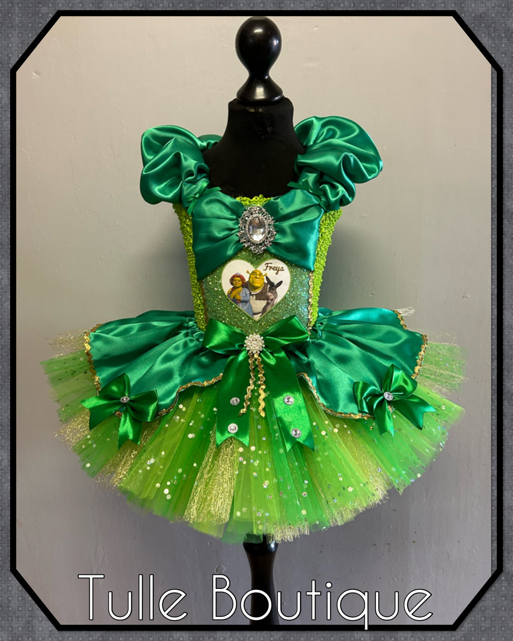 Girls toddlers Shrek, Princess Fiona green satin tutu dress, frozen ballgown, fancy dress costume