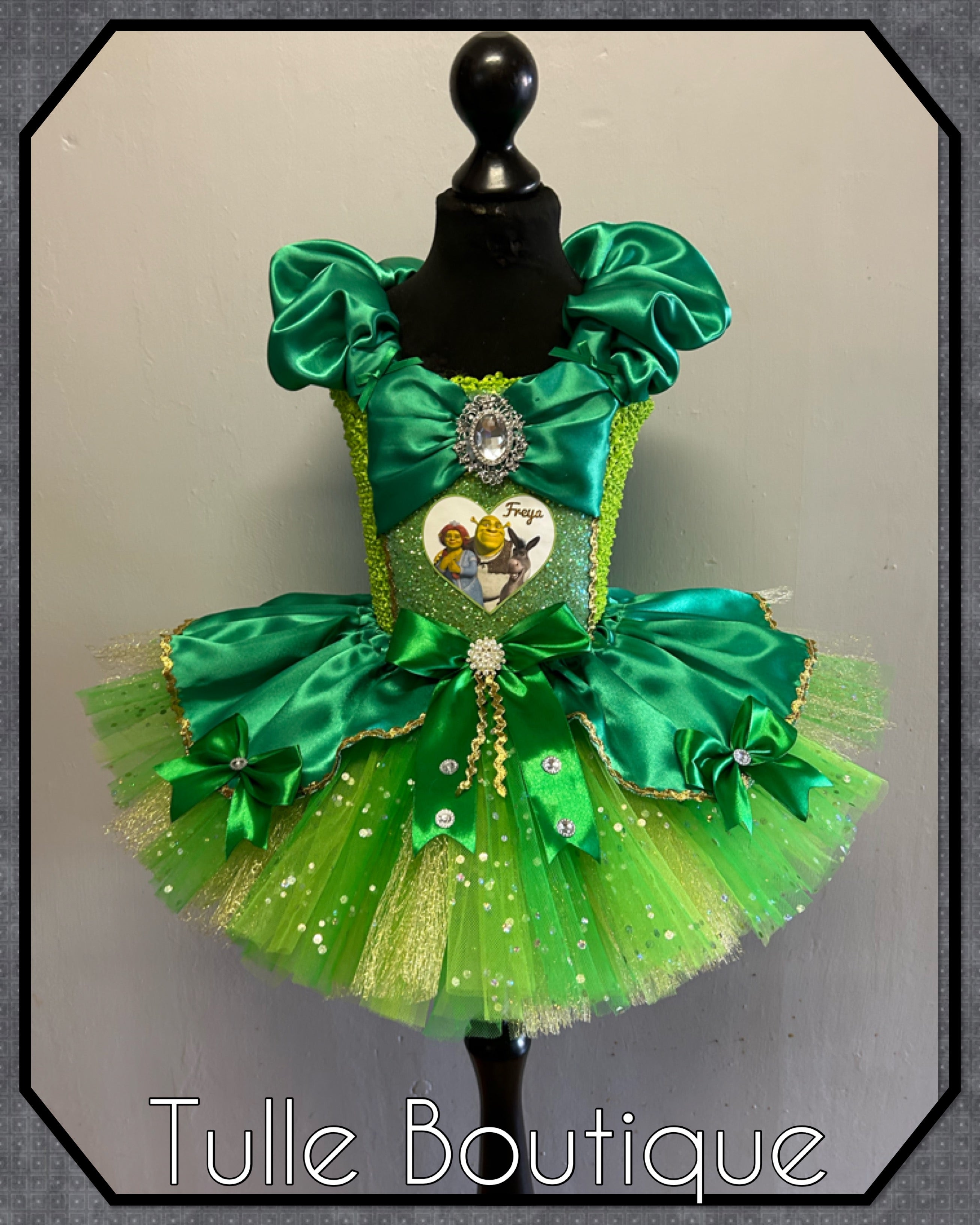 Girls toddlers Shrek, Princess Fiona green satin tutu dress, frozen ballgown, fancy dress costume