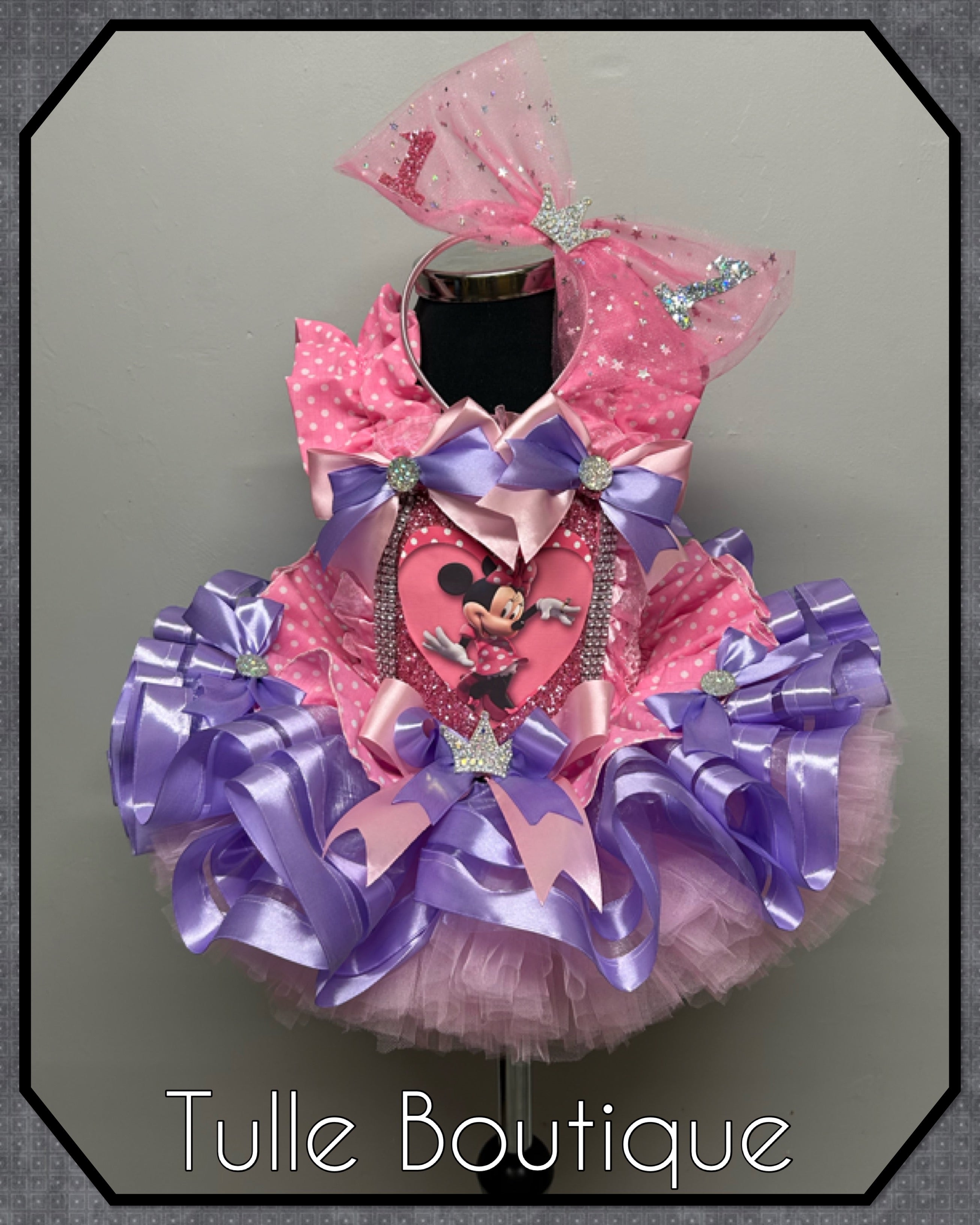 Girls toddlers Minnie Mouse pink and lilac tutu dress, ribbon trimmed ballgown, fancy dress costume