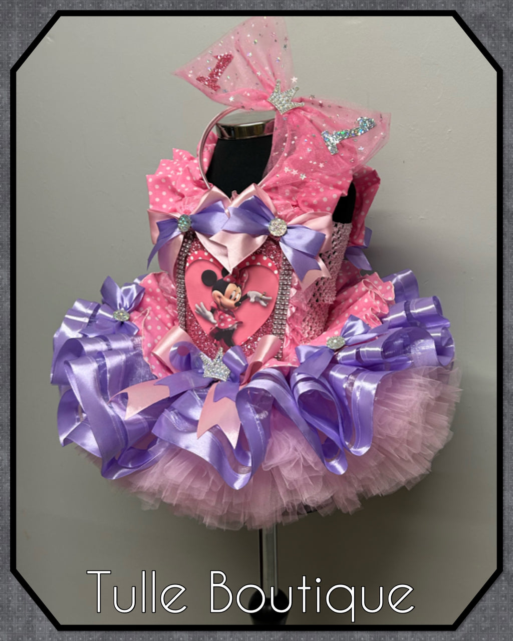 Girls toddlers Minnie Mouse pink and lilac tutu dress, ribbon trimmed ballgown, fancy dress costume