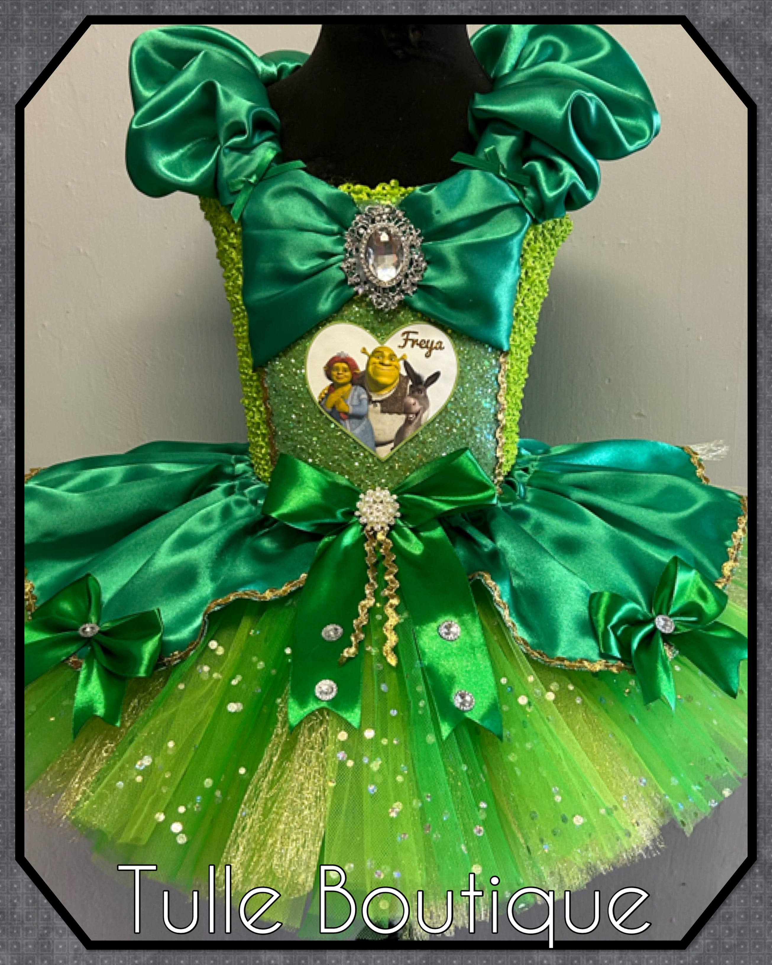 Girls toddlers Shrek, Princess Fiona green satin tutu dress, frozen ballgown, fancy dress costume