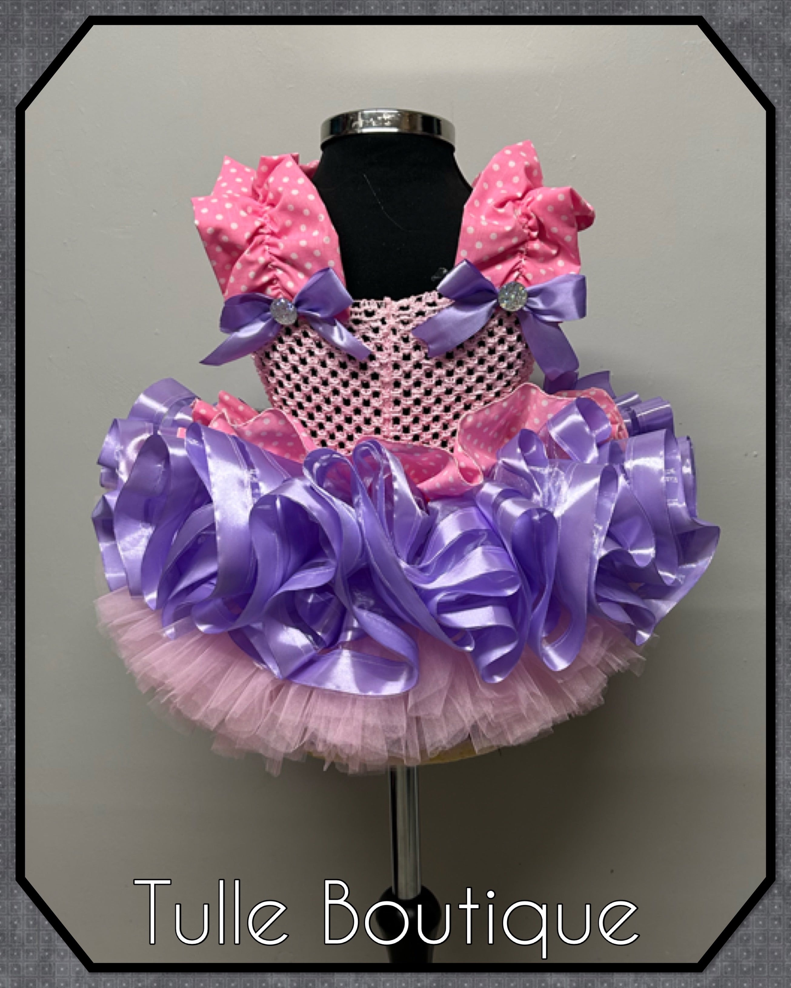 Girls toddlers Minnie Mouse pink and lilac tutu dress, ribbon trimmed ballgown, fancy dress costume