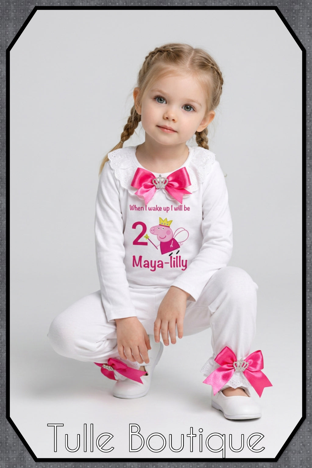 Girls toddlers Peppa pig hotpink bow ‘when I wake up’ birthday personalised pjs