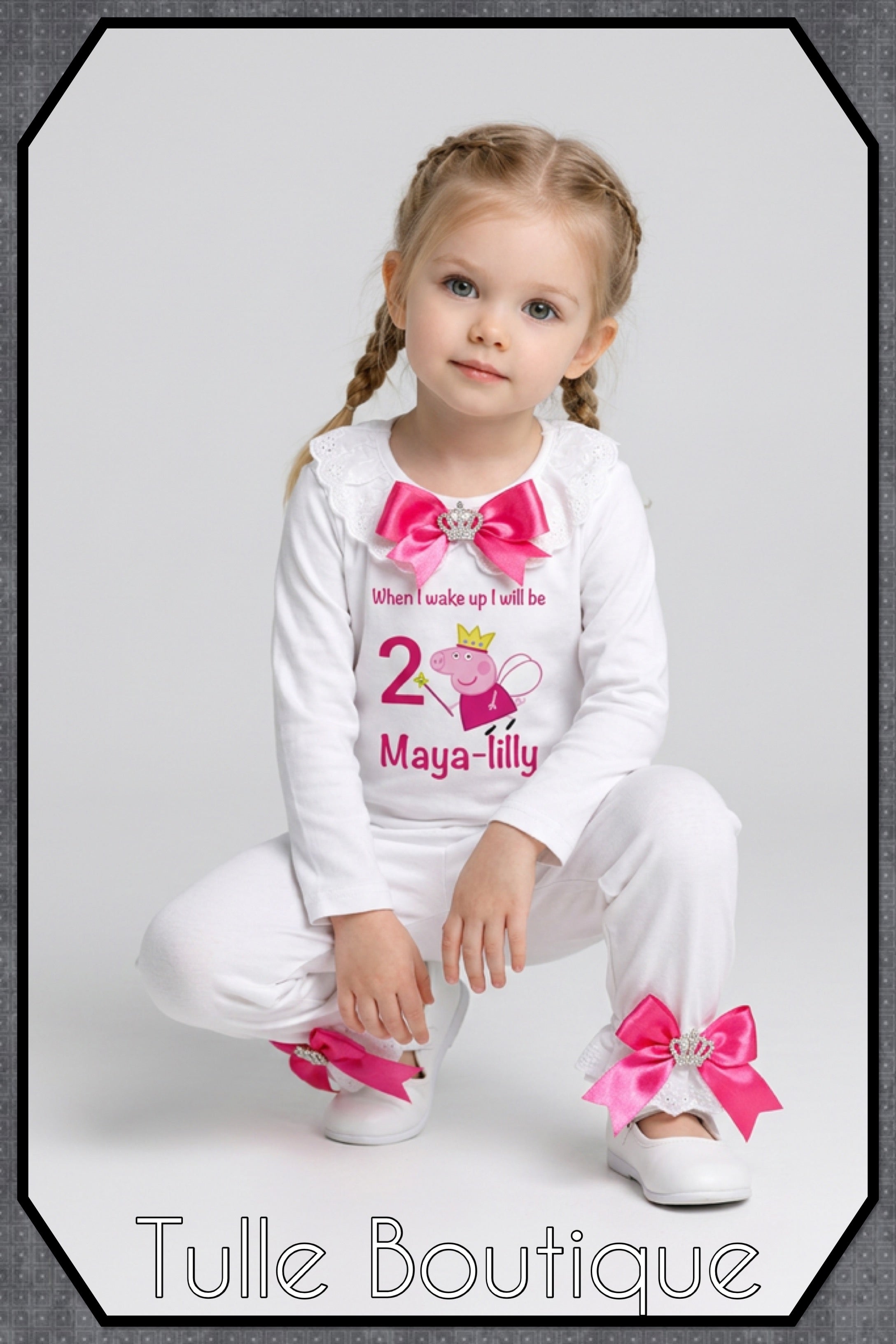 Girls toddlers Peppa pig hotpink bow ‘when I wake up’ birthday personalised pjs