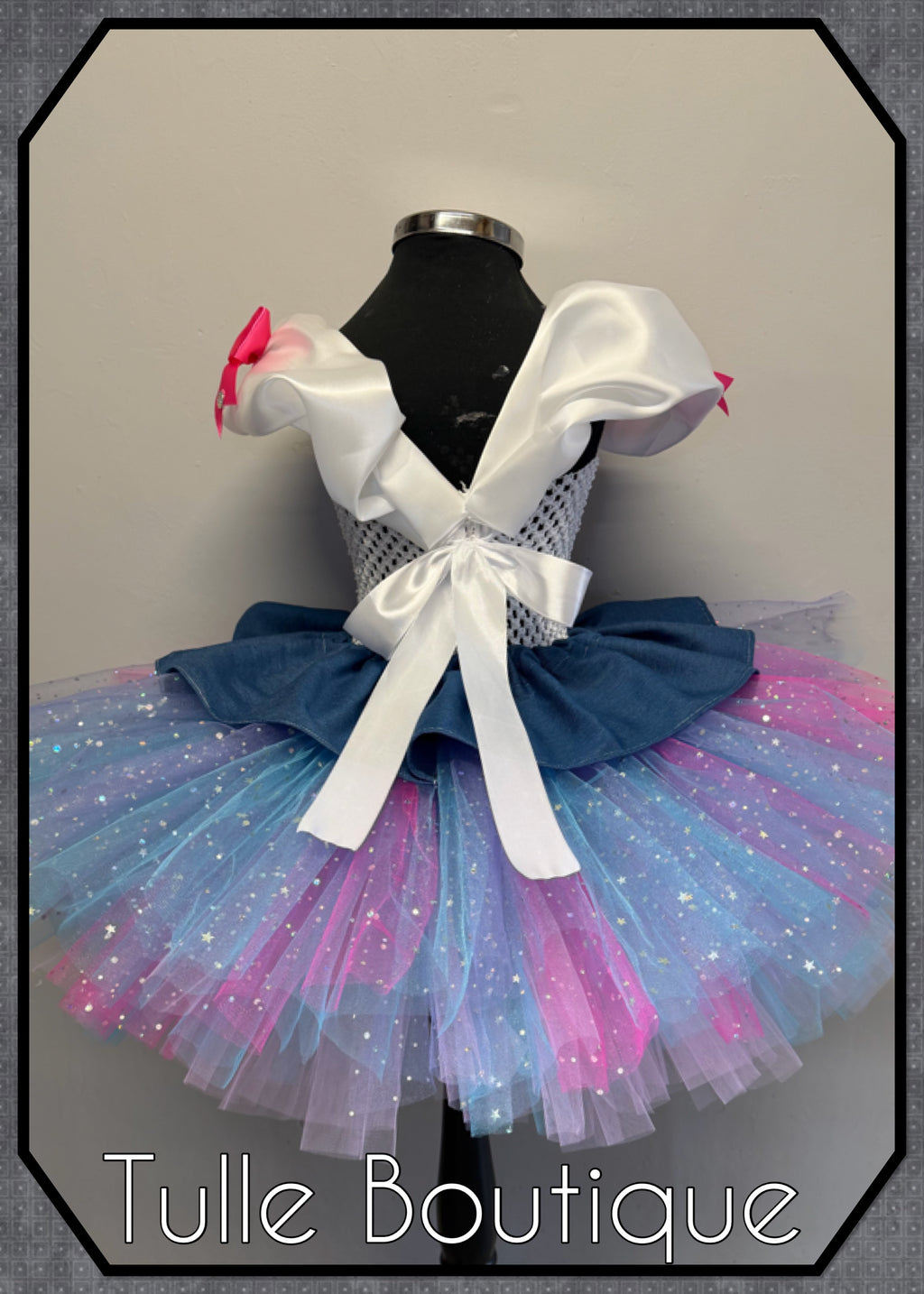 Girls toddlers Rumi Mira Zoe tutu dress, birthday ballgown, fancy dress costume denim overlayer