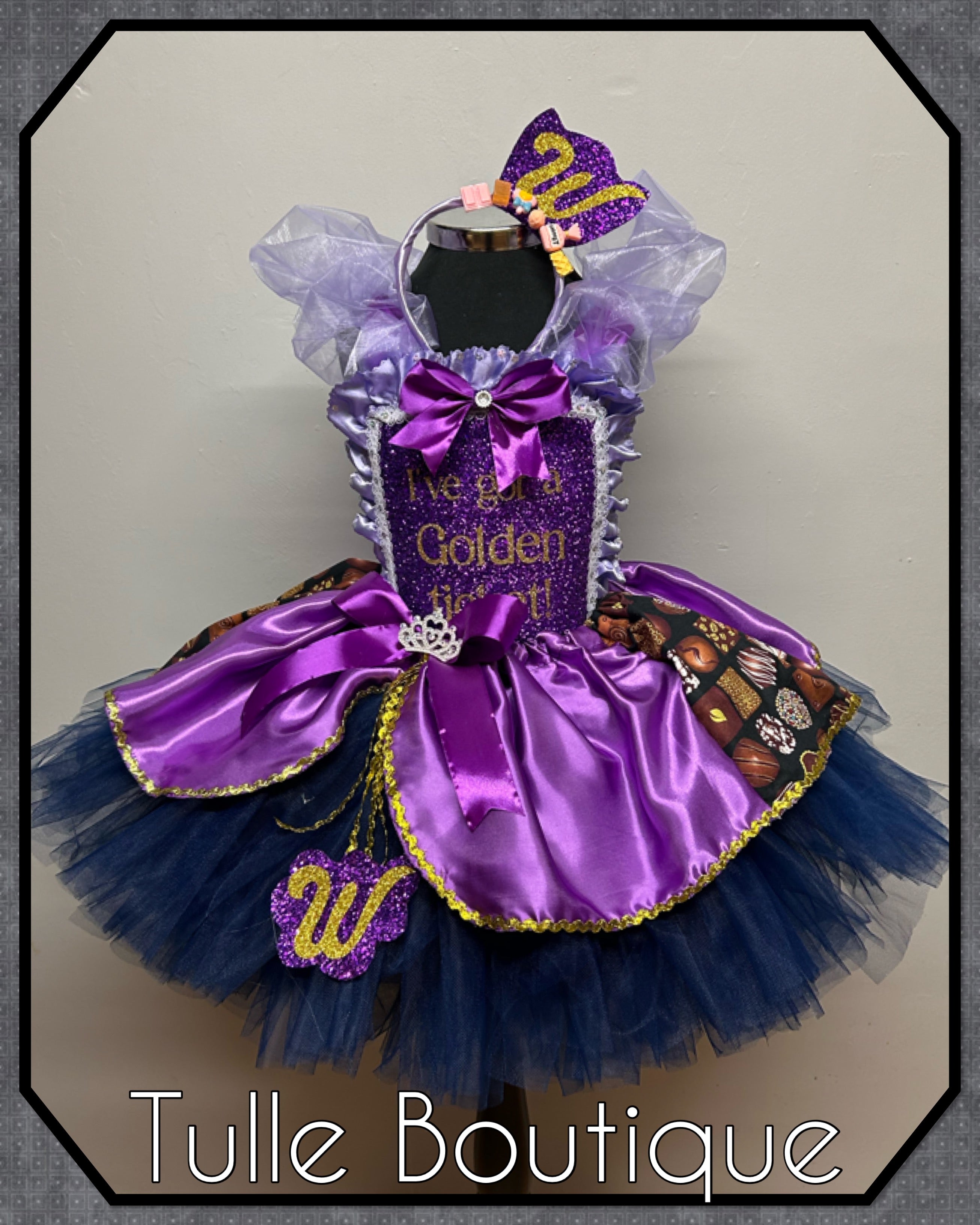 Girls toddlers Charlie and the chocolate factory Golden Ticket Princess tutu birthday party dress,ballgown, fancy dress costume