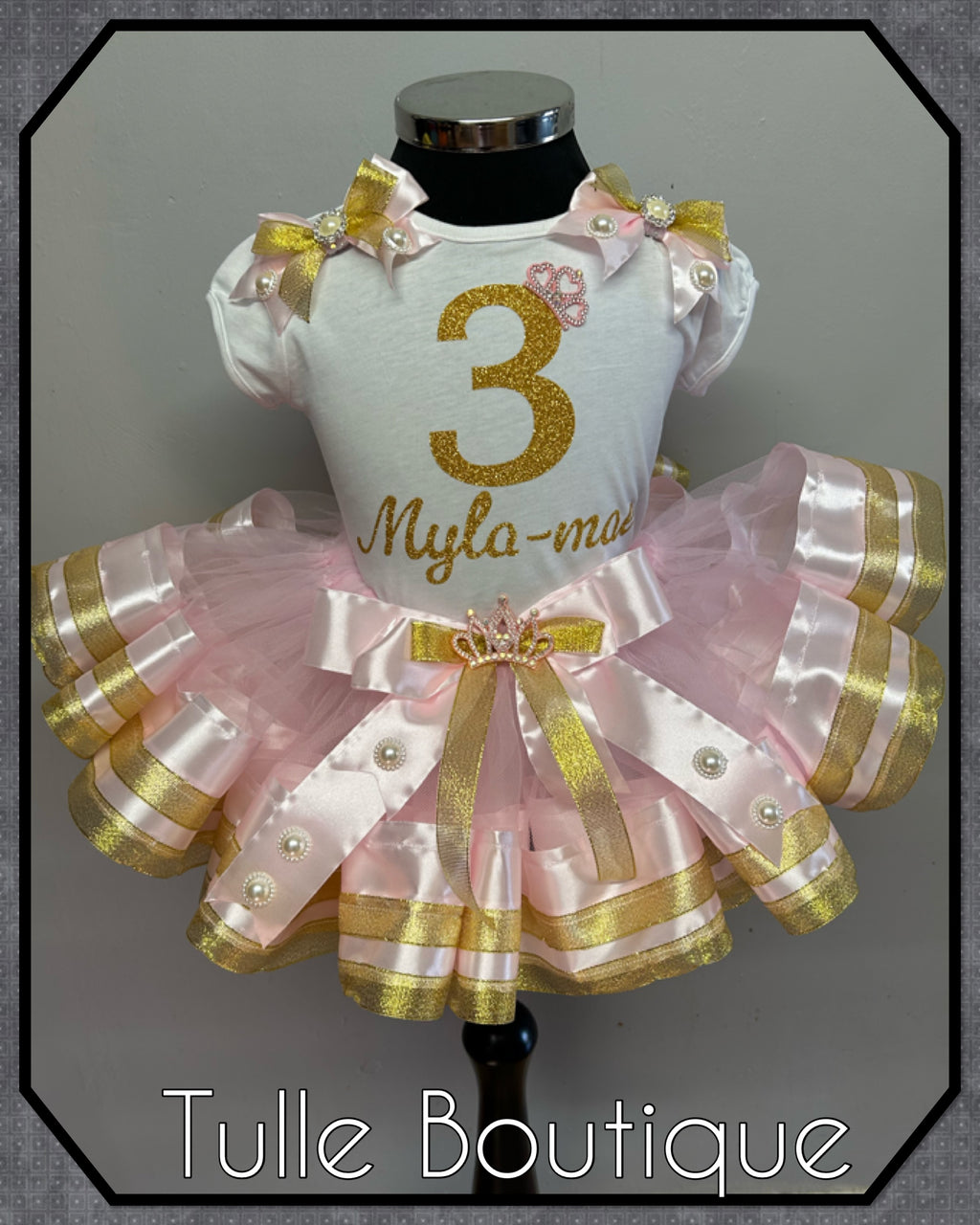 Girls toddlers personalized Glitter birthday ribbon trimmed tutu party outfit fancy dress costume