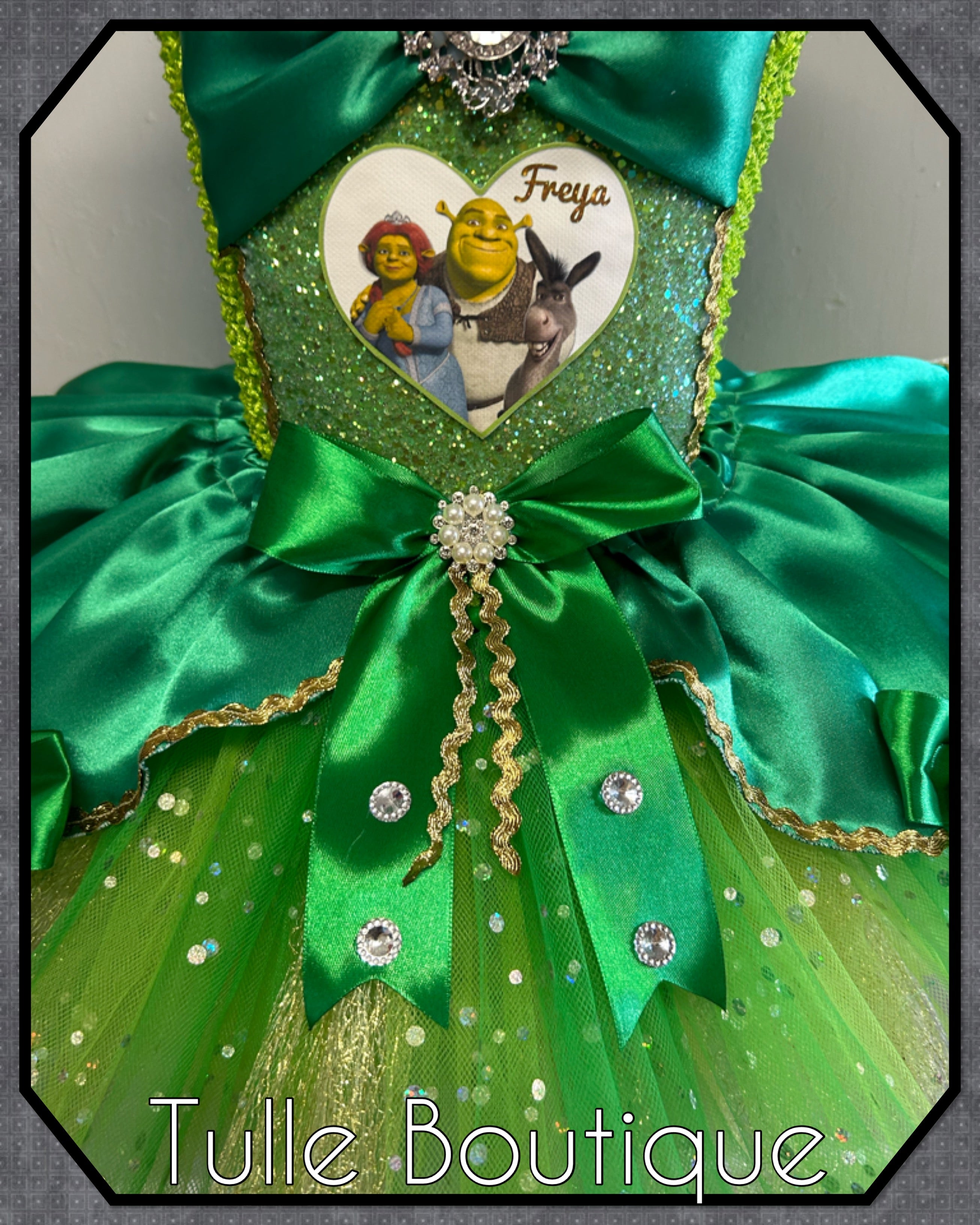 Girls toddlers Shrek, Princess Fiona green satin tutu dress, frozen ballgown, fancy dress costume