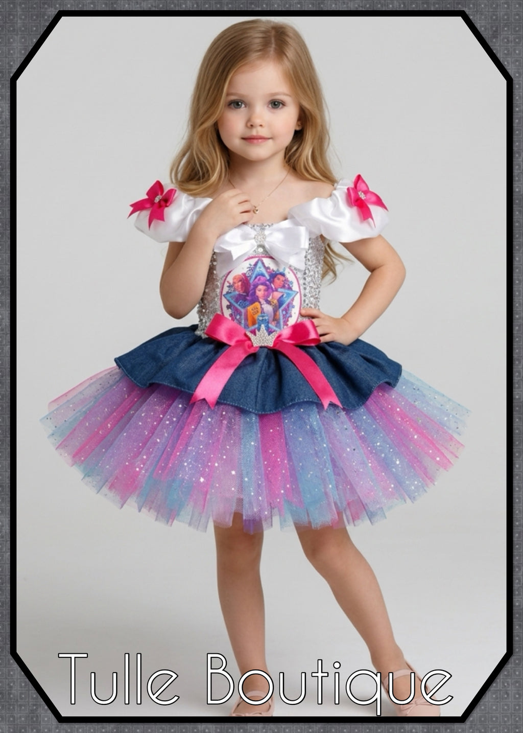 Girls toddlers Rumi Mira Zoe tutu dress, birthday ballgown, fancy dress costume denim overlayer