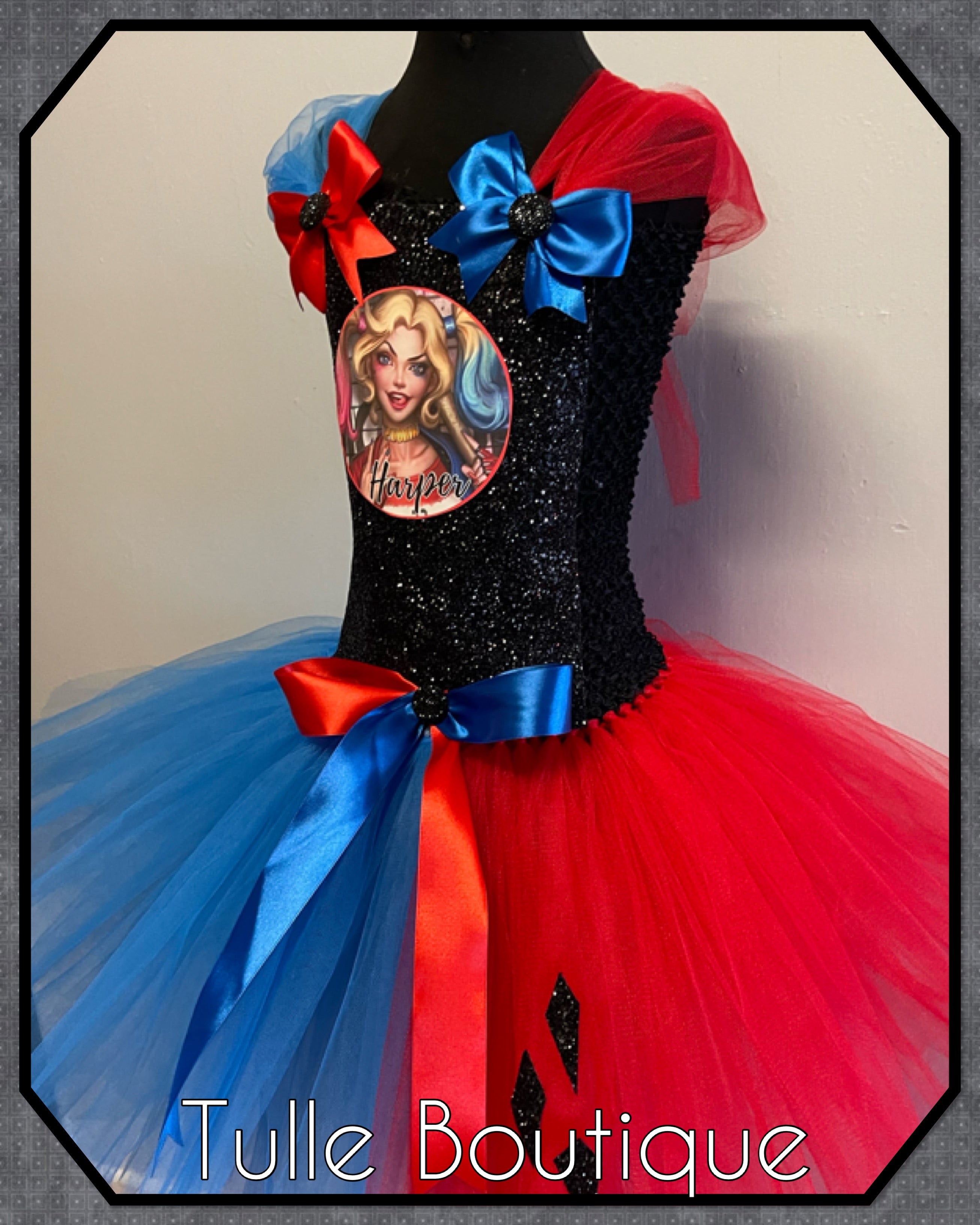 Girls toddlers Superhero Harley Quinn  tutu dress, ballgown, fancy dress costume