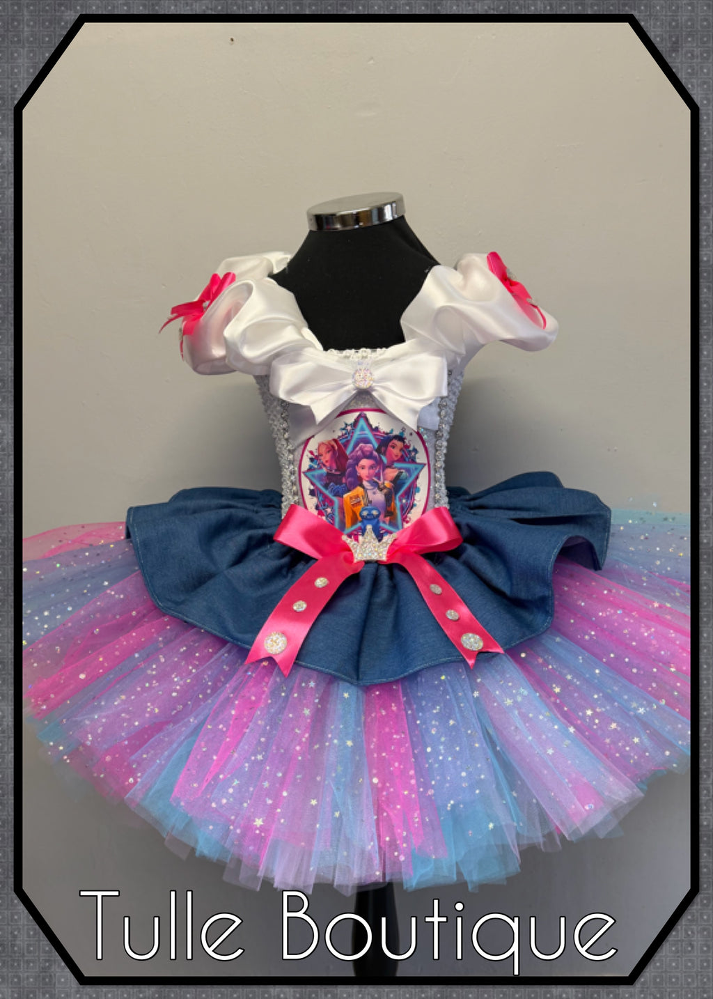Girls toddlers Rumi Mira Zoe tutu dress, birthday ballgown, fancy dress costume denim overlayer