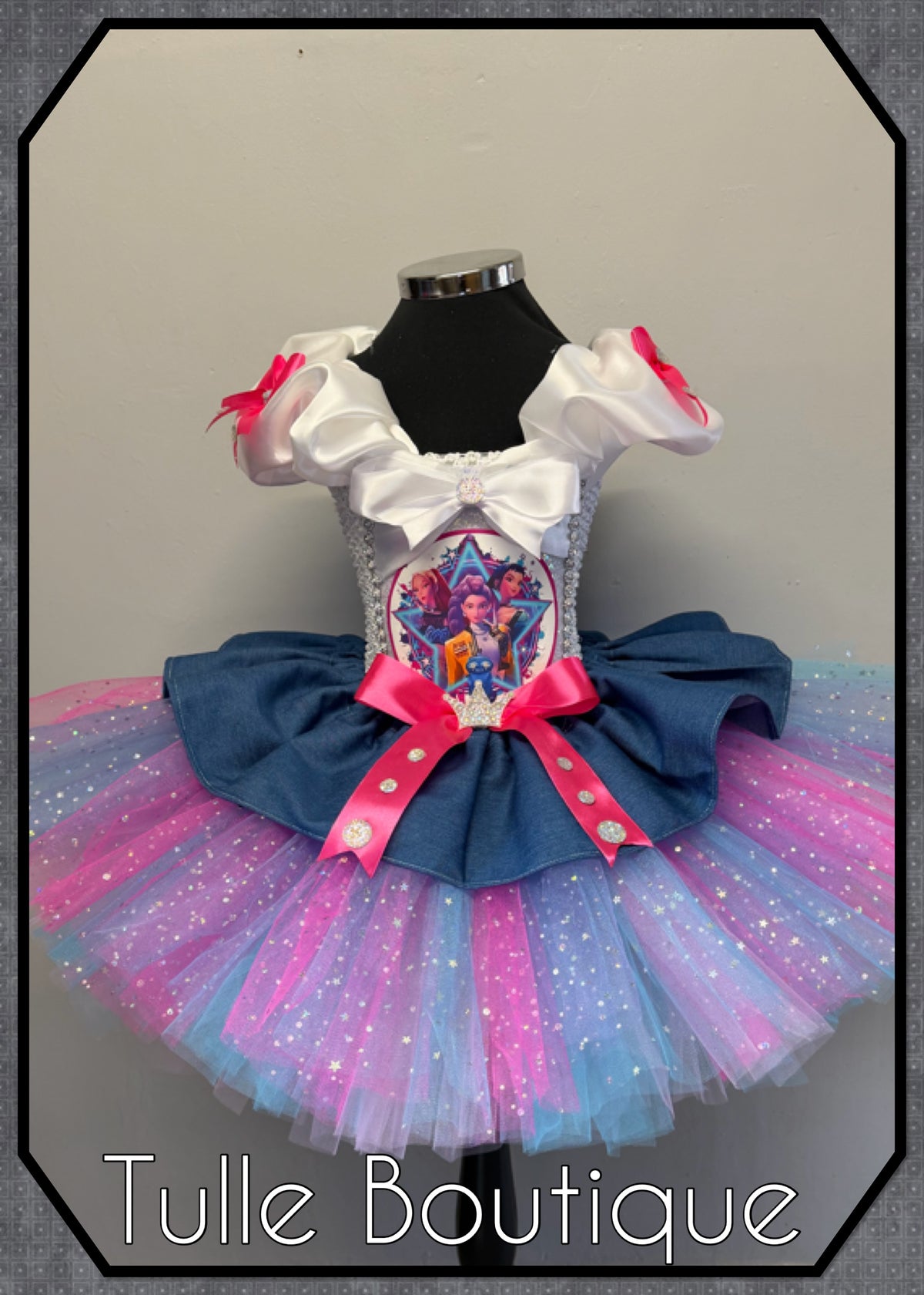 Girls toddlers Rumi Mira Zoe tutu dress, birthday ballgown, fancy dress costume denim overlayer