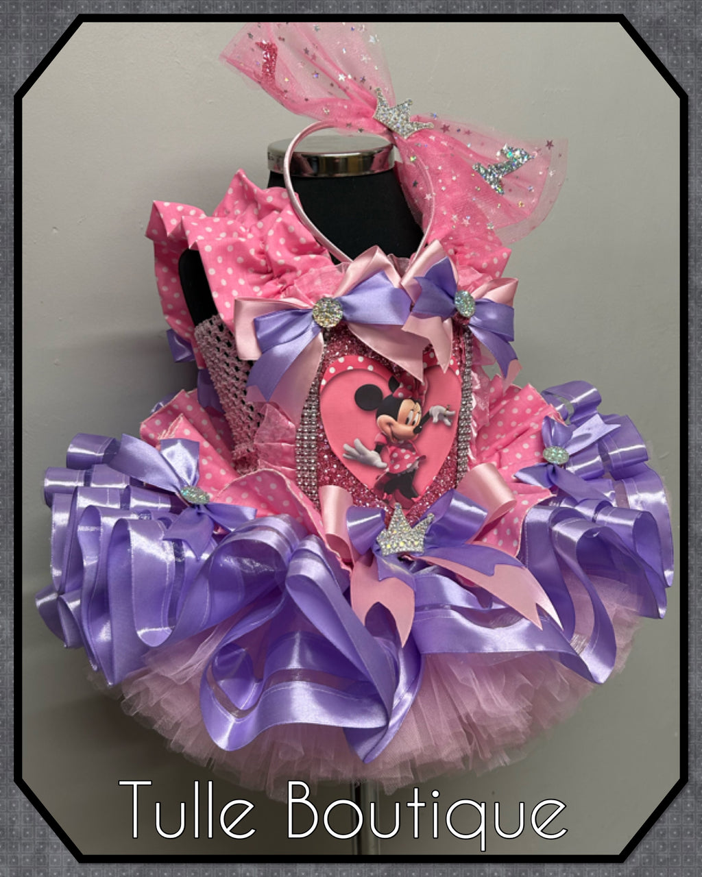 Girls toddlers Minnie Mouse pink and lilac tutu dress, ribbon trimmed ballgown, fancy dress costume