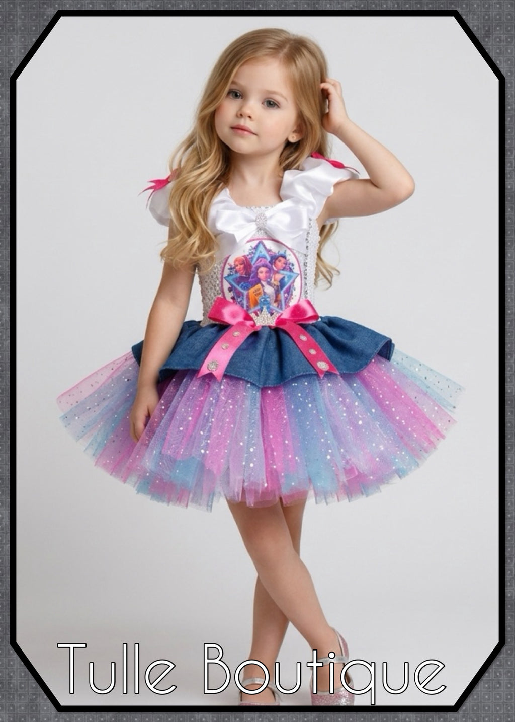 Girls toddlers Rumi Mira Zoe tutu dress, birthday ballgown, fancy dress costume denim overlayer