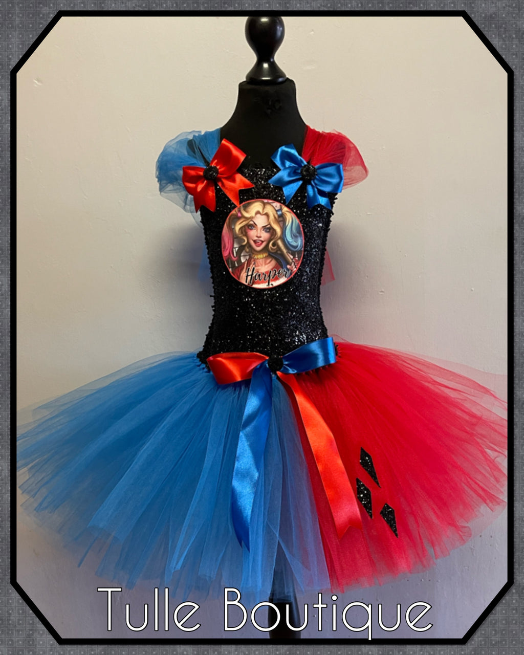 Girls toddlers Superhero Harley Quinn  tutu dress, ballgown, fancy dress costume