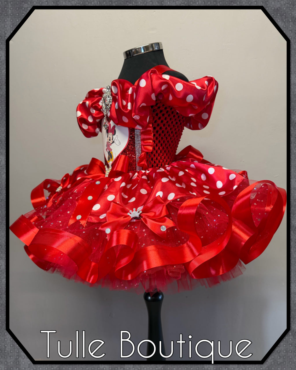 Girls toddlers Minnie Mouse Red tutu birthday party dress,ballgown, fancy dress costume with ribbon trimmed tutu