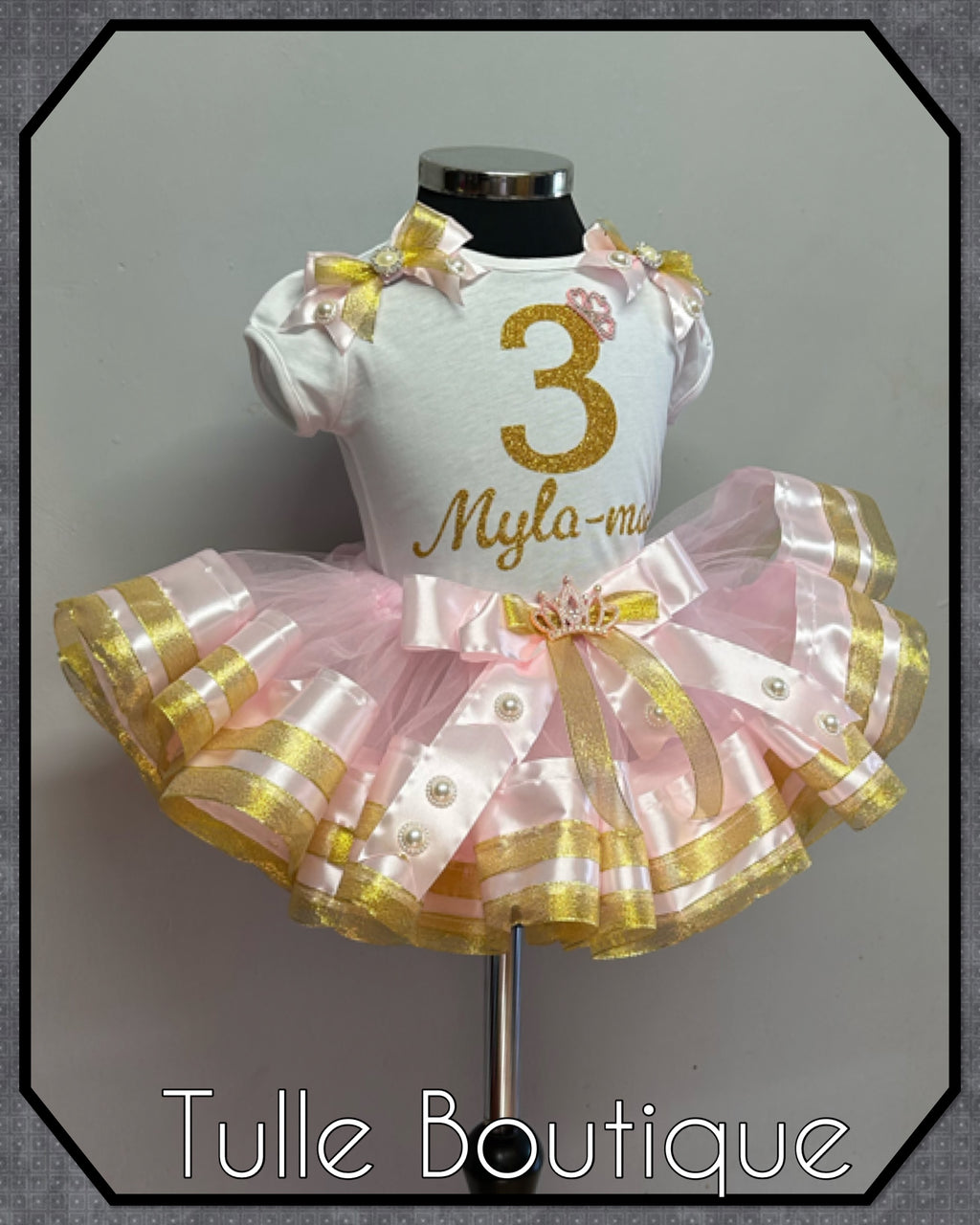 Girls toddlers personalized Glitter birthday ribbon trimmed tutu party outfit fancy dress costume