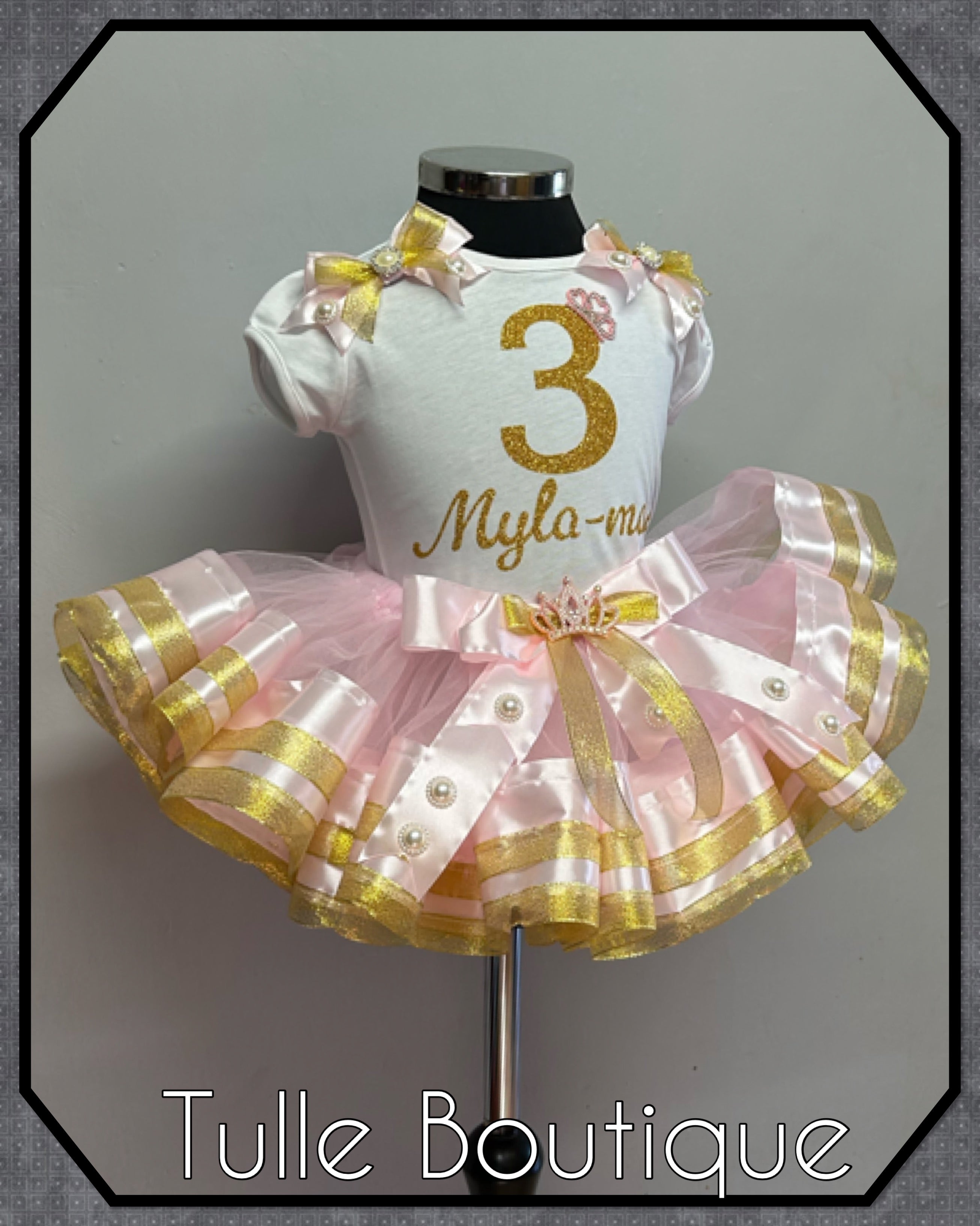 Girls toddlers personalized Glitter birthday ribbon trimmed tutu party outfit fancy dress costume