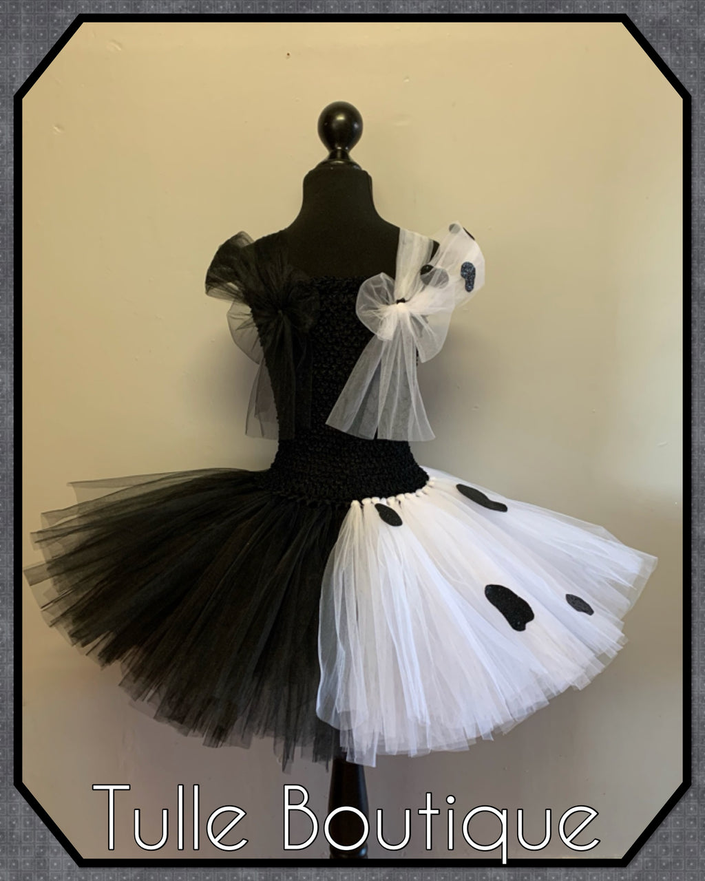 Girls toddlers Cruella de Ville tutu dress, ballgown, 101 Dalmatians fancy dress costume black and white