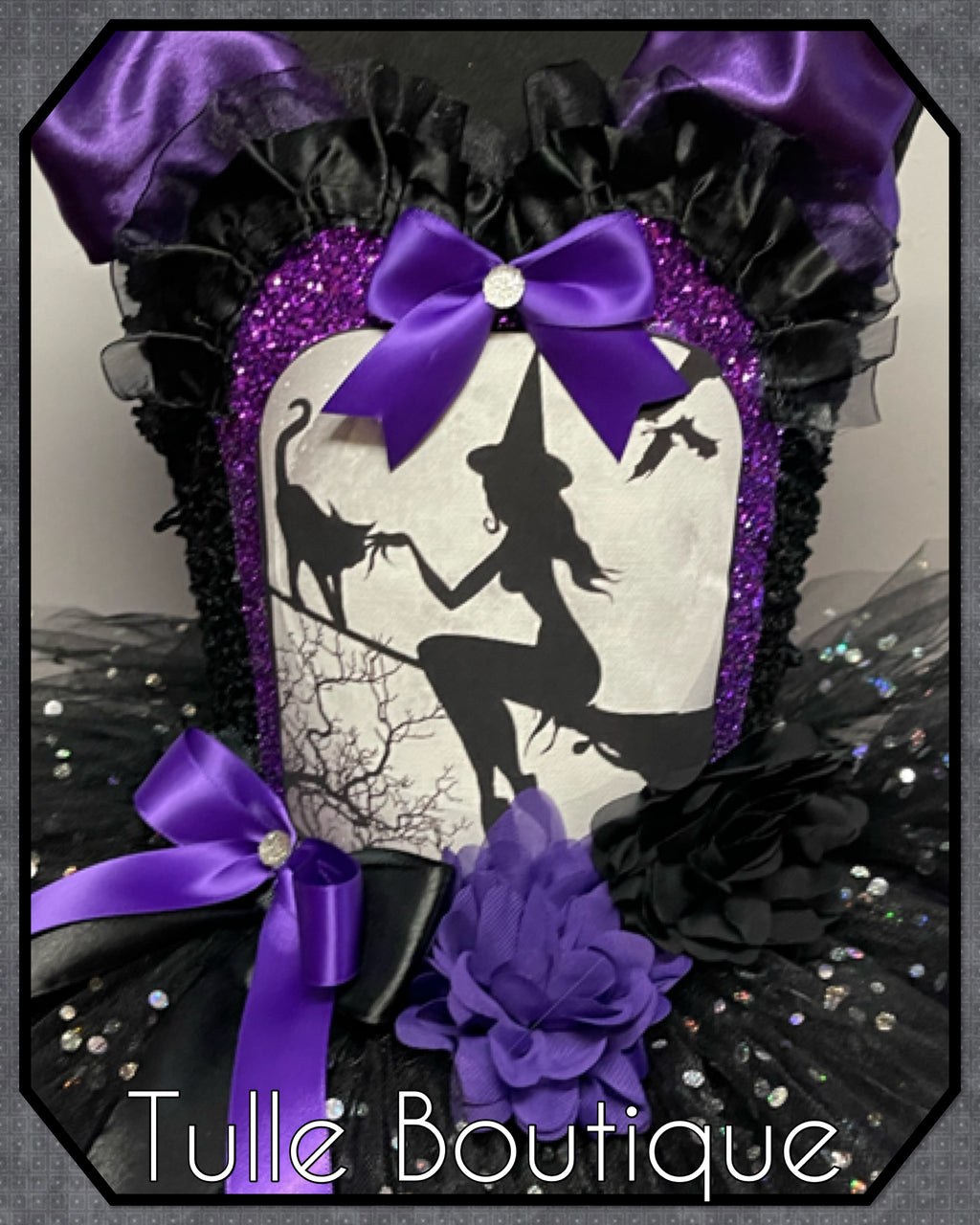 Girls toddlers Halloween witch on a broom tutu dress, ballgown, fancy dress costume